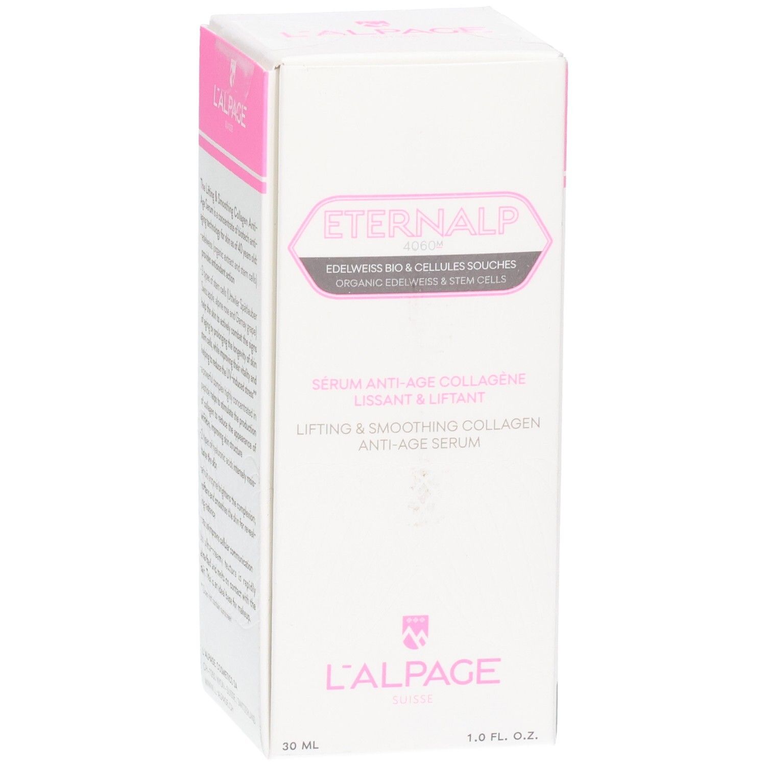 Weißer Karton mit rosa Akzenten. Text: L'ALPAGE Eternalp Serum. Hebe- und Glättungs-Anti-Age-Serum. 30 ml.