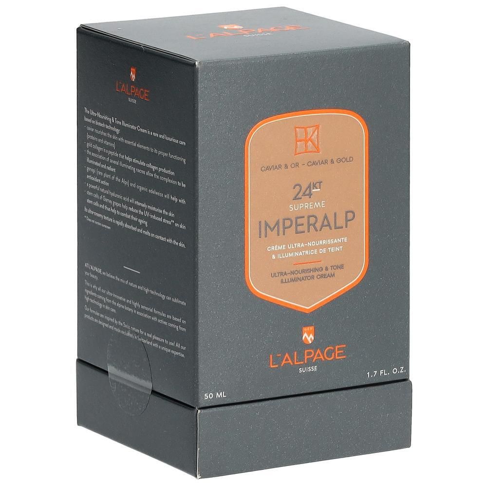 Boîte grise foncée L'ALPAGE Imperalp. Face avant : logo, nom du produit, 24kt Supreme, 50 ml, 1.7 fl. oz.