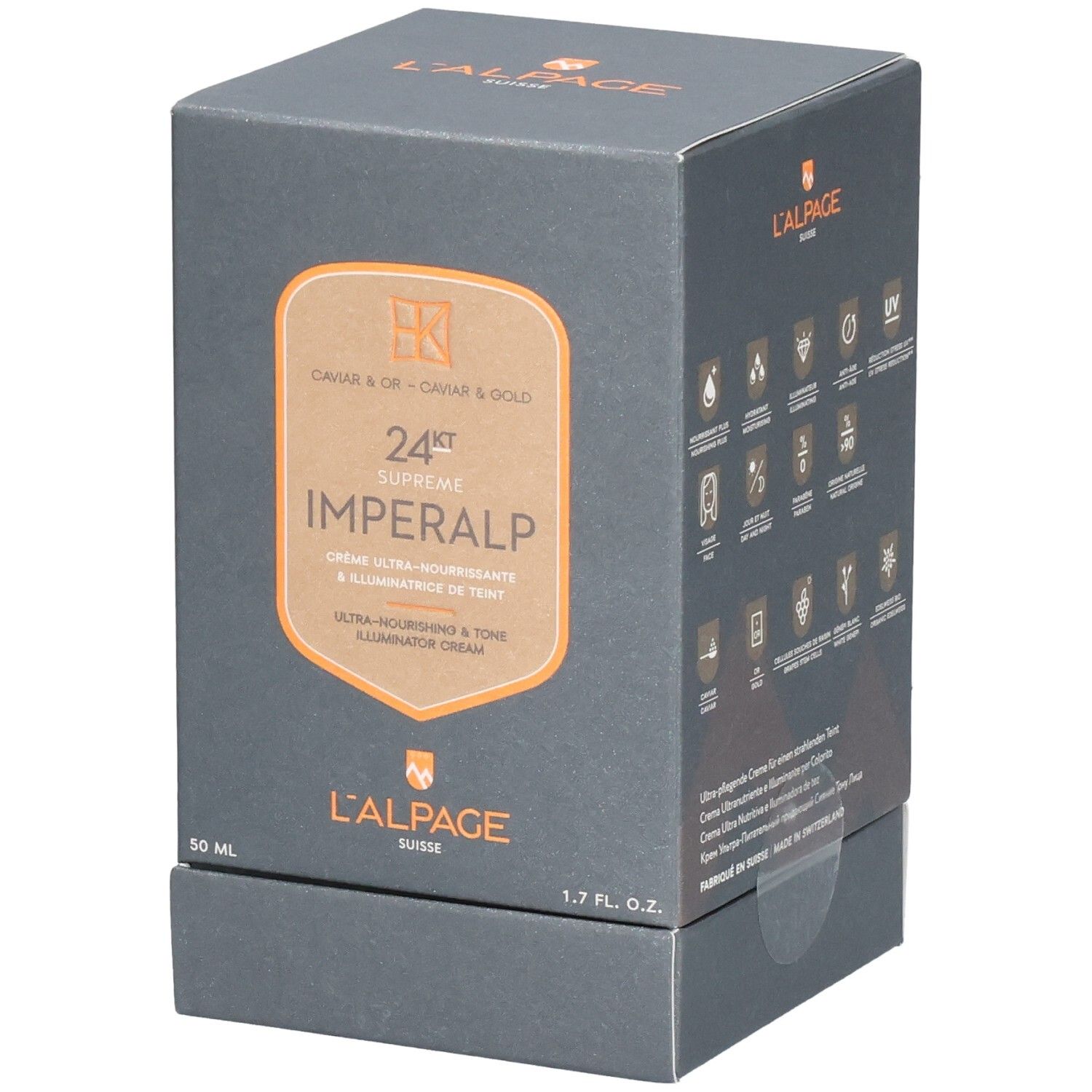 Boîte grise foncée L'ALPAGE Imperalp. Face avant : logo, nom, 24kt Supreme, 50 ml, 1.7 fl. oz. Côté : icônes.