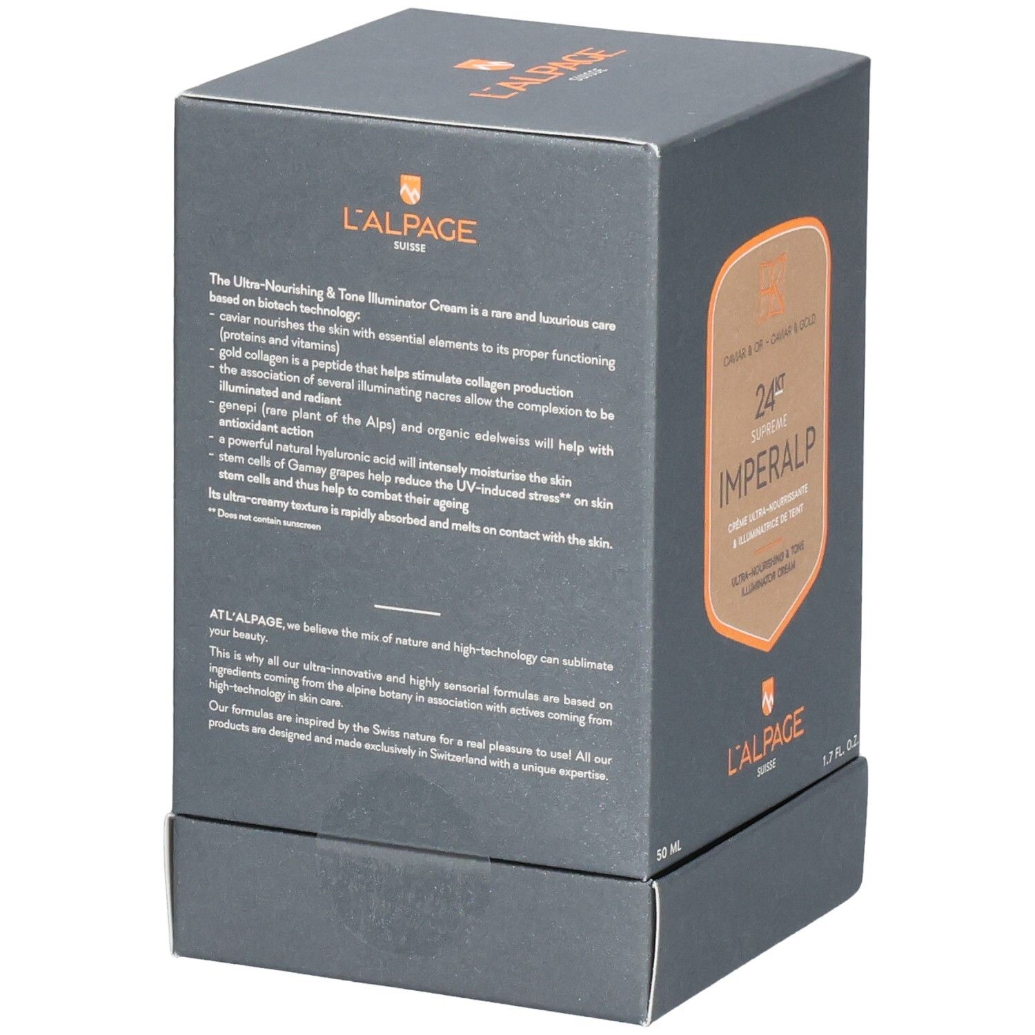 Boîte grise foncée L'ALPAGE Imperalp. Côté : description, ingrédients, texte. Dos : texte.