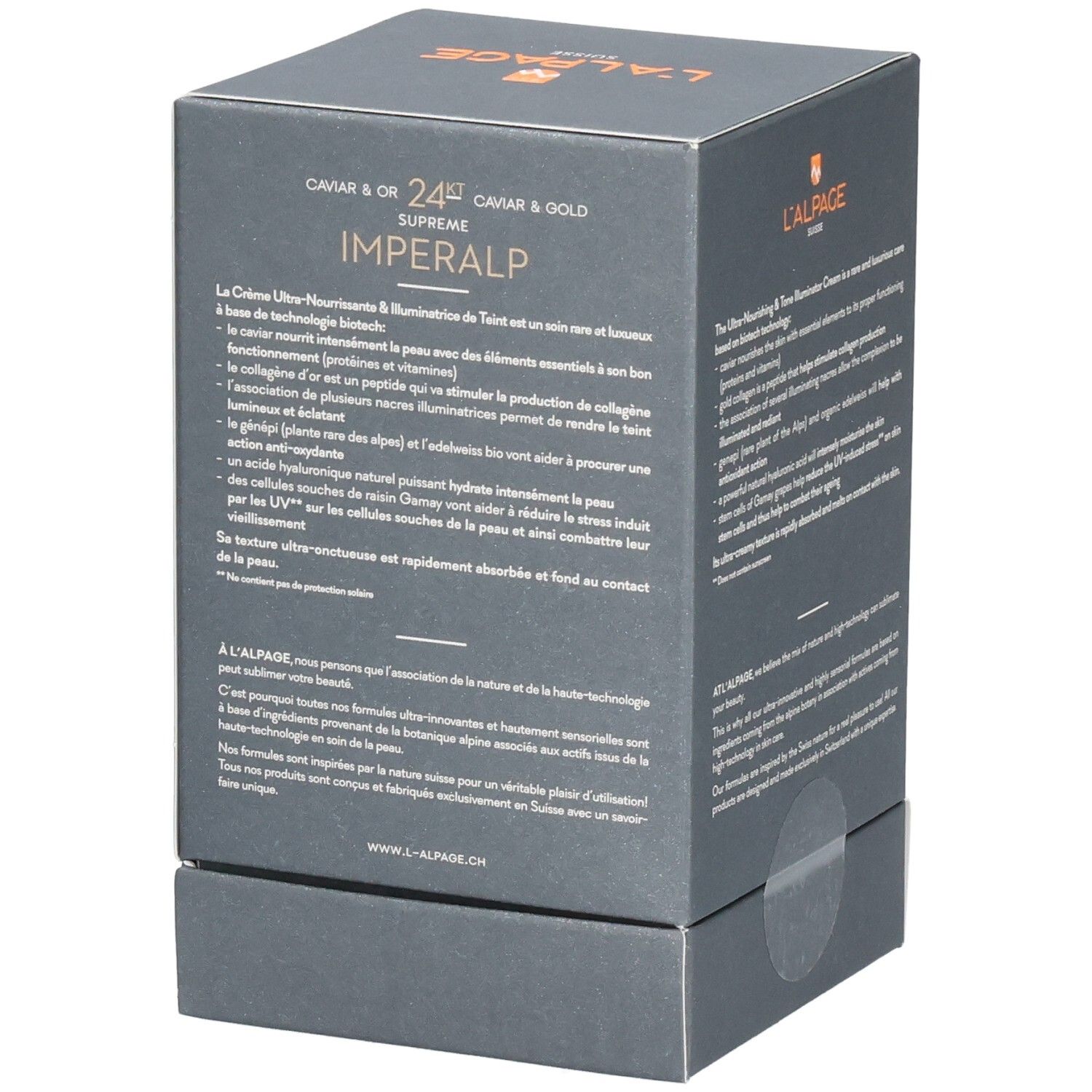 Boîte grise foncée L'ALPAGE Imperalp. Côté : description, ingrédients, texte. Dos : texte.