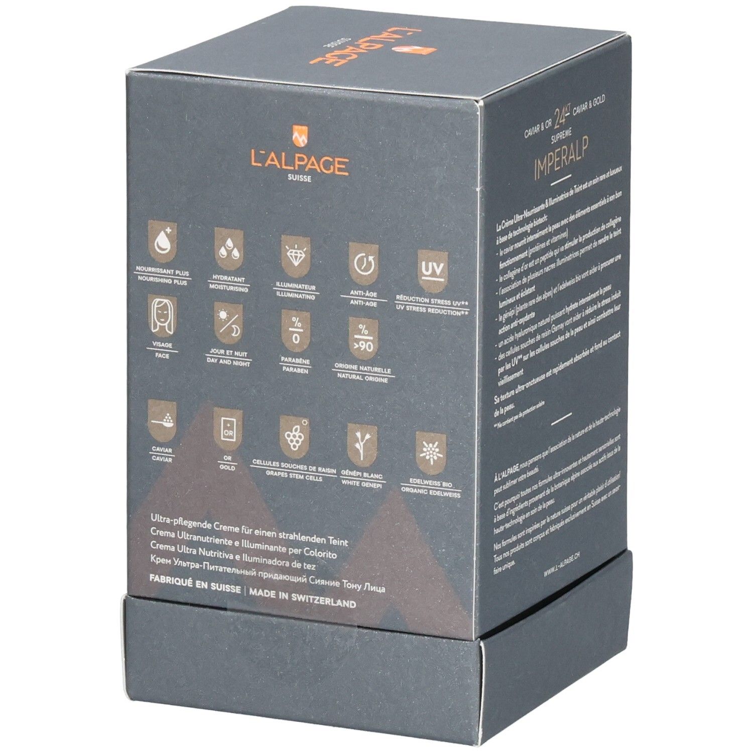 Boîte grise foncée L'ALPAGE Imperalp. Côté : description, ingrédients, texte. Dos : texte.