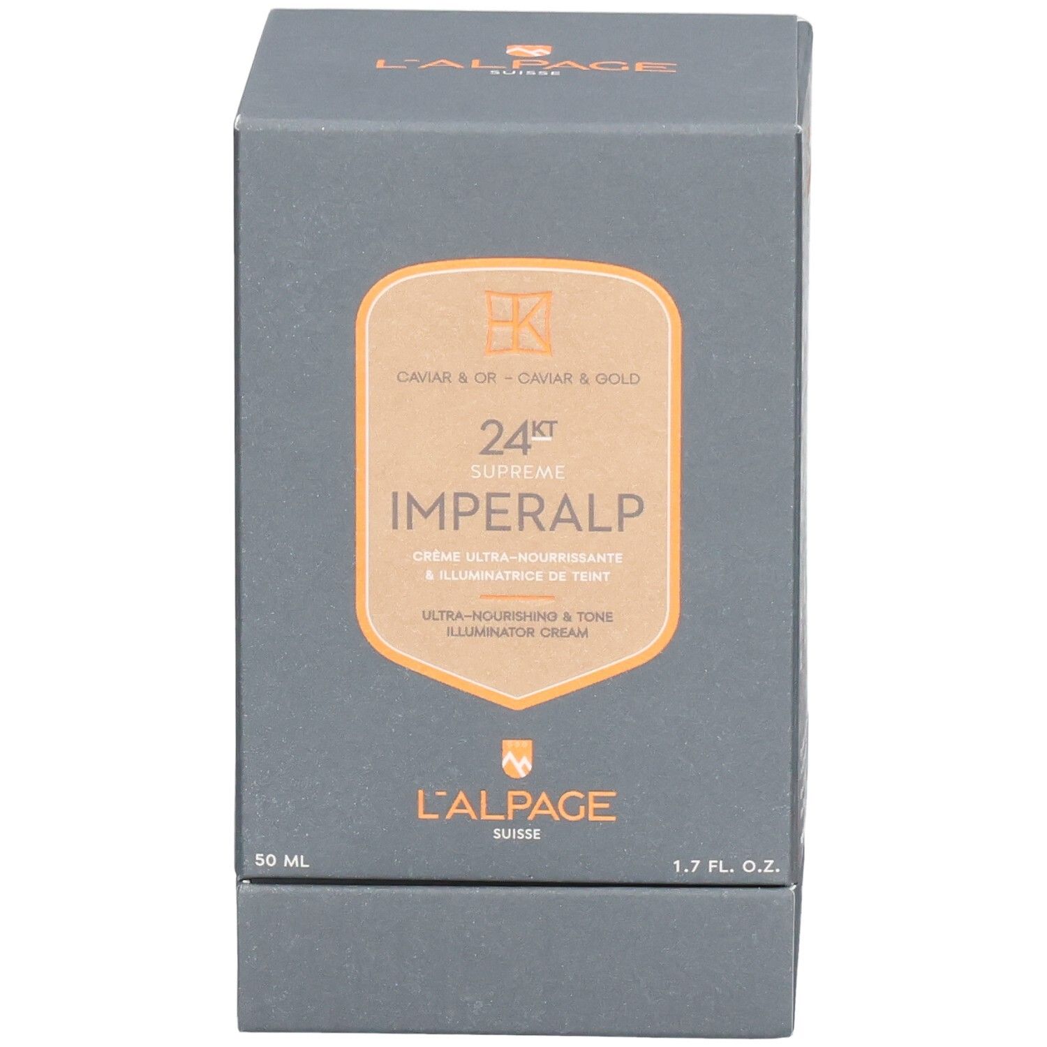 Boîte grise foncée L'ALPAGE Imperalp. Face avant : logo, nom du produit, 24kt Supreme, 50 ml, 1.7 fl. oz.