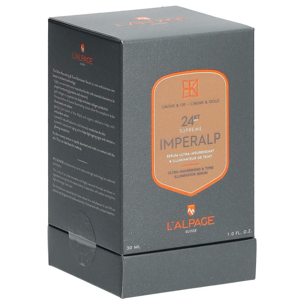 Graue Produktverpackung. L'ALPAGE Imeralp Serum. 24ct Supreme. Caviar & Gold. 30 ml. Schwarze Schrift.