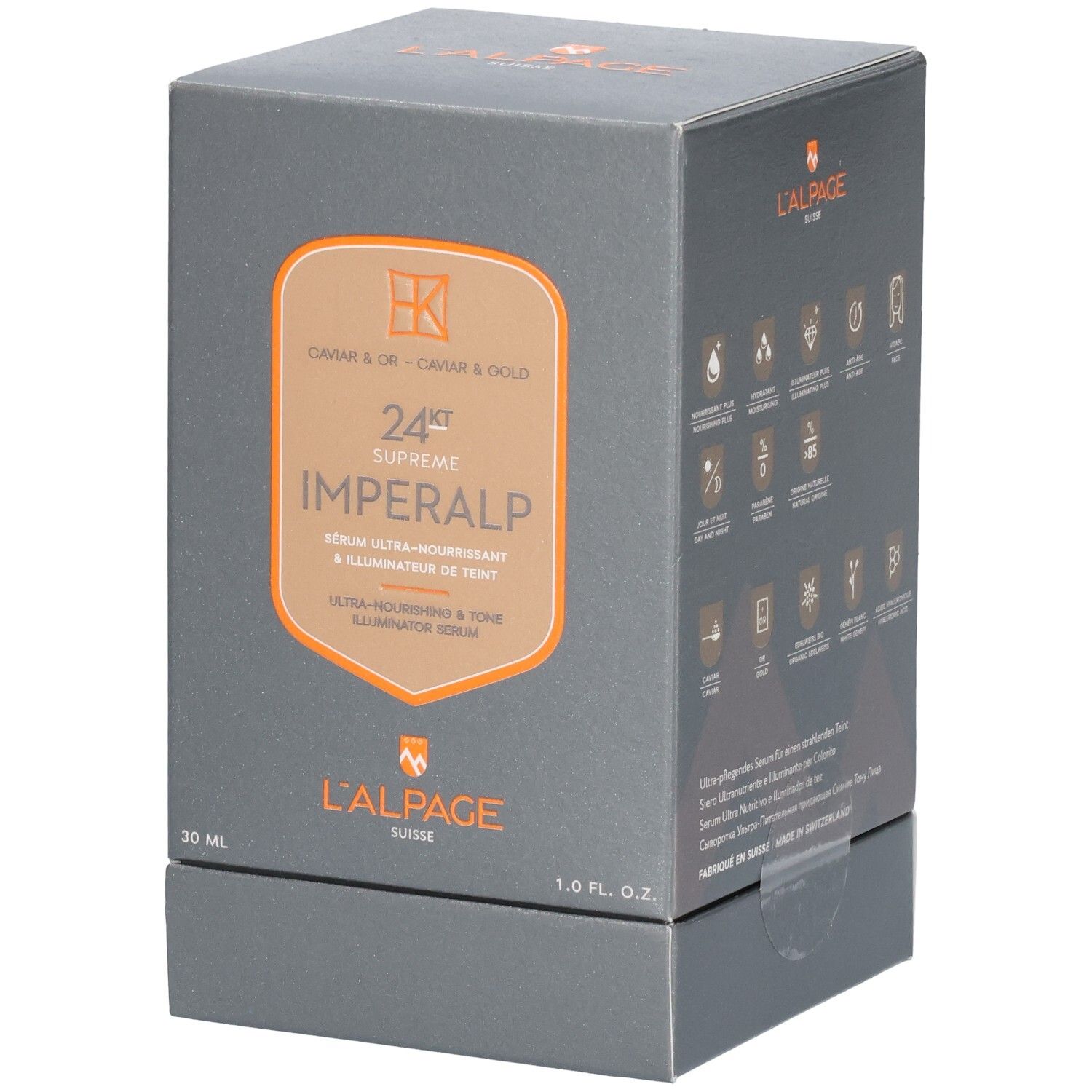 Graue Produktverpackung. L'ALPAGE Imeralp Serum. 24ct Supreme. Caviar & Gold. 30 ml. Schwarze Schrift.