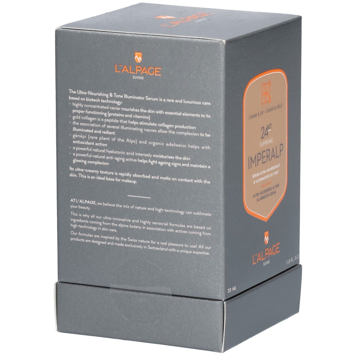 Graue Produktverpackung. L'ALPAGE Imeralp Serum. 24ct Supreme. Caviar & Gold. 30 ml. Schwarze Schrift.