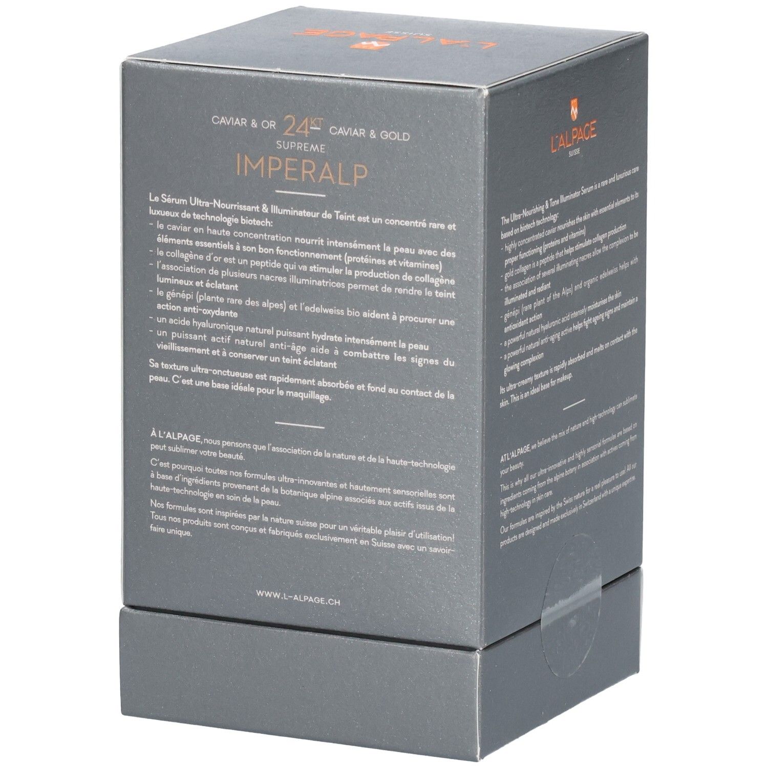 Graue Produktverpackung. L'ALPAGE Imeralp Serum. 24ct Supreme. Caviar & Gold. 30 ml. Schwarze Schrift.