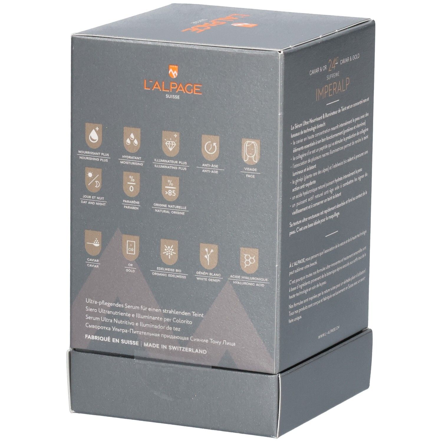Graue Produktverpackung. L'ALPAGE Imeralp Serum. 24ct Supreme. Caviar & Gold. 30 ml. Schwarze Schrift.