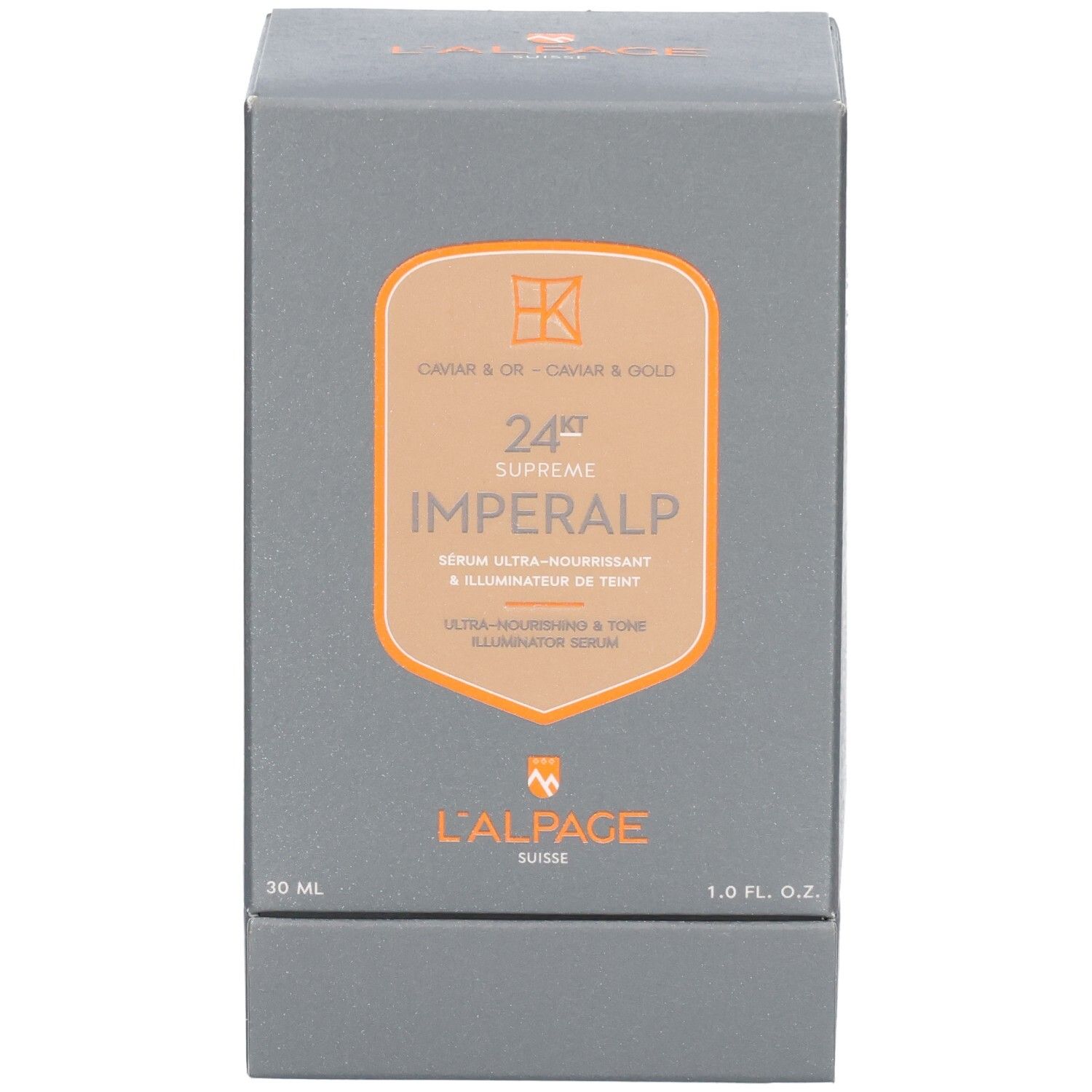 Graue Produktverpackung. L'ALPAGE Imeralp Serum. 24ct Supreme. Caviar & Gold. 30 ml. Schwarze Schrift.