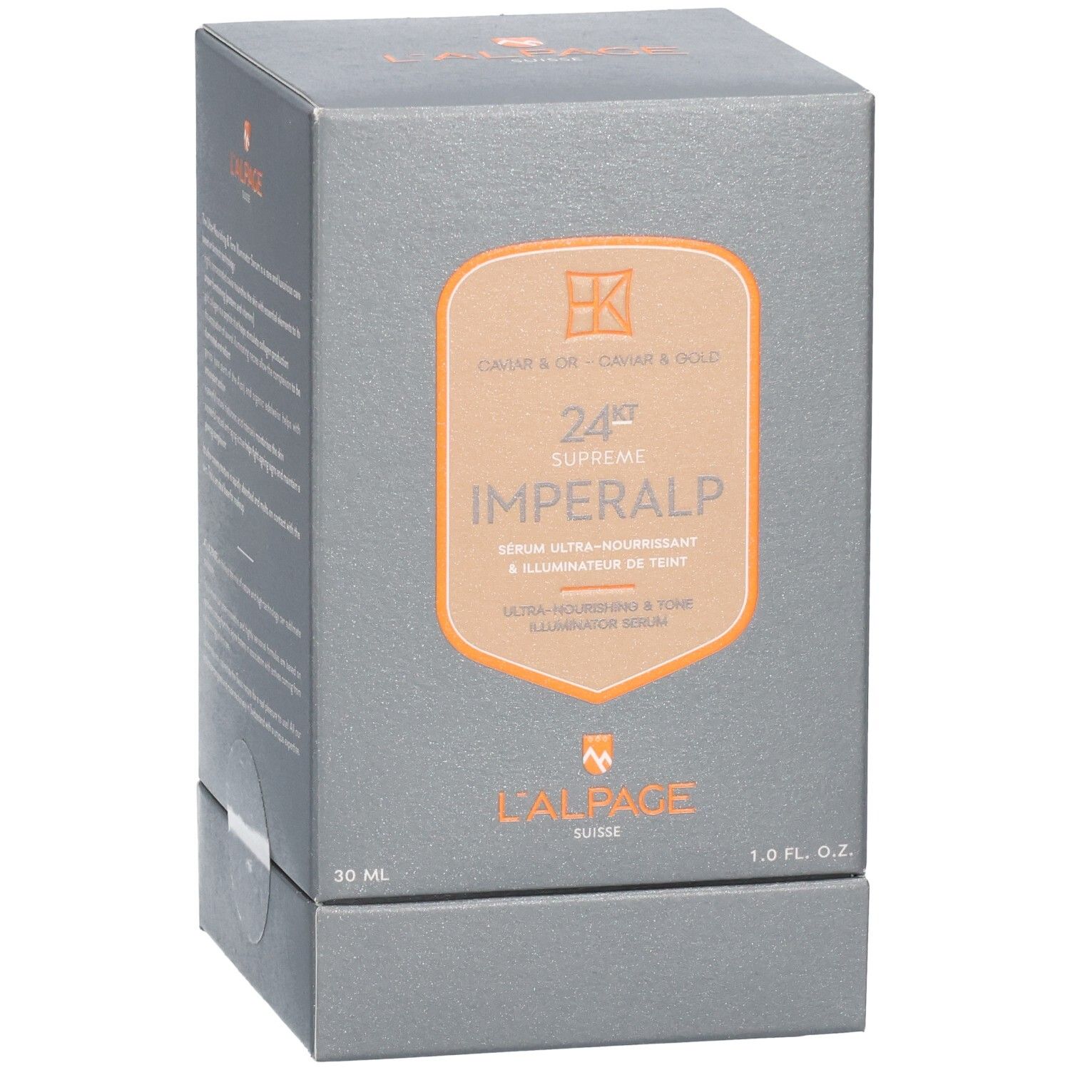 Graue Produktverpackung. L'ALPAGE Imeralp Serum. 24ct Supreme. Caviar & Gold. 30 ml. Schwarze Schrift.