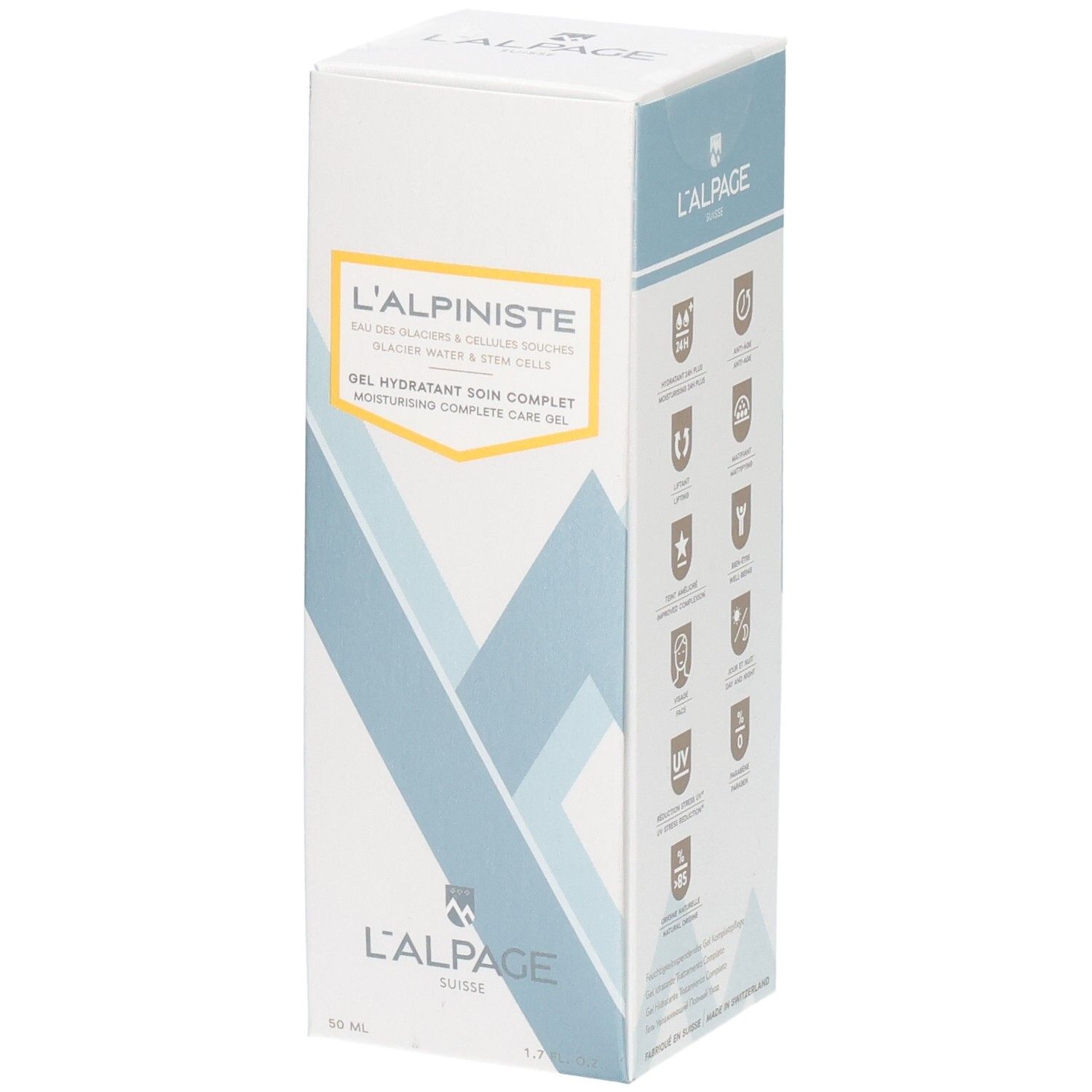 Weiße Schachtel mit Produktaufschrift L'ALPAGE L'alpiniste. Gel Hydratant Soin Complet. Verschiedene Logos.