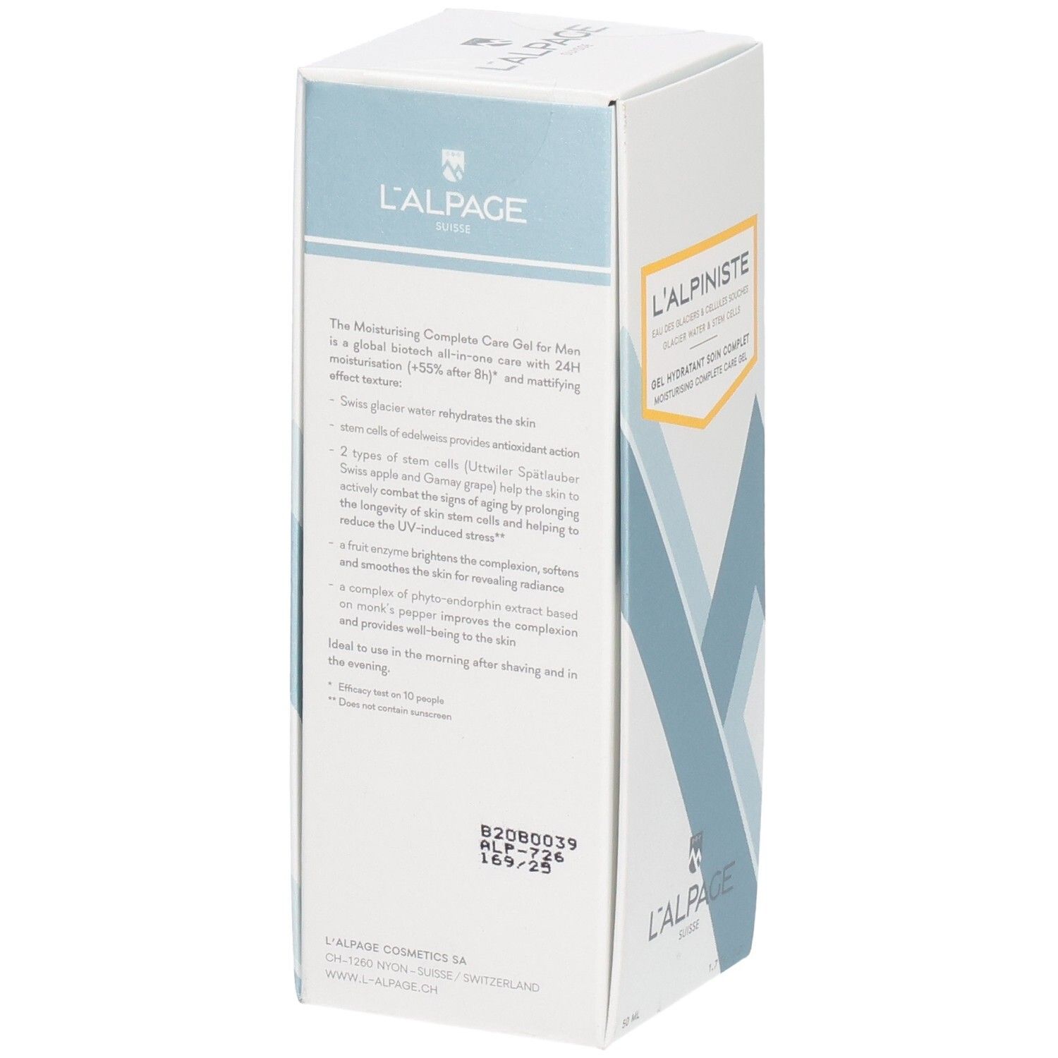 Weiße Schachtel mit Produktinformationen. L'ALPAGE L'alpiniste. Text in Deutsch.