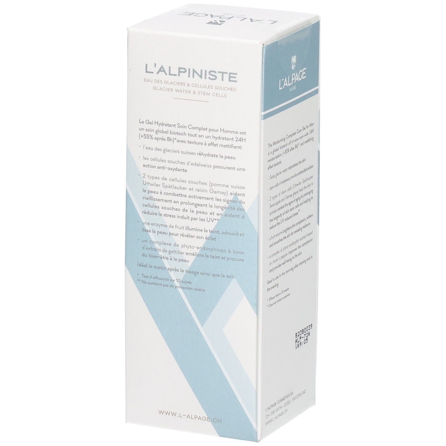 Weiße Schachtel mit Produktinformationen. L'ALPAGE L'alpiniste. Text in Französisch.