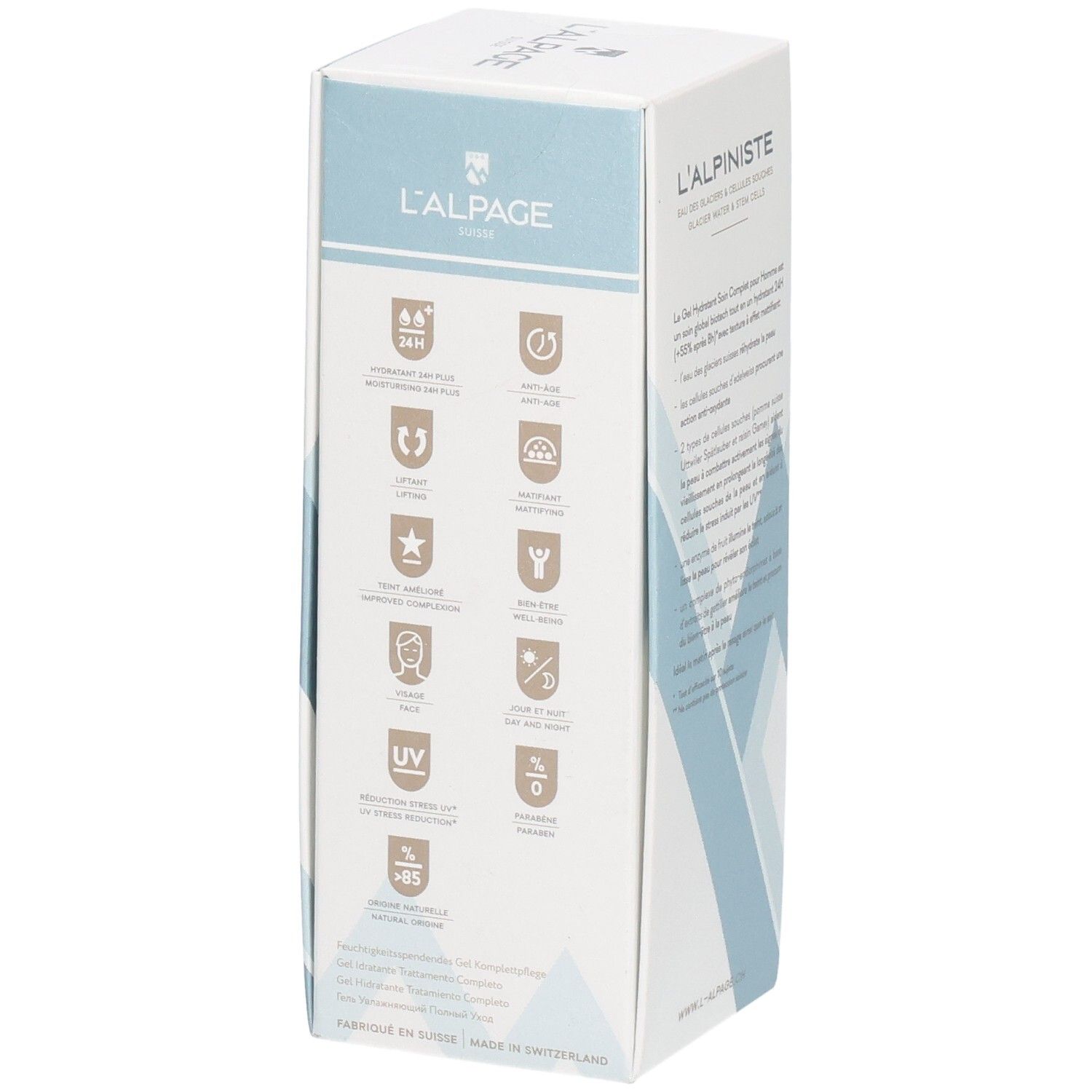 Weiße Schachtel mit Logos und Produktinformationen. L'ALPAGE L'alpiniste.