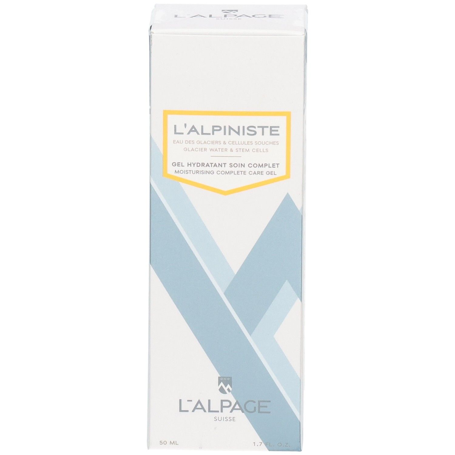 Weiße Schachtel mit Produktaufschrift L'ALPAGE L'alpiniste. Gel Hydratant Soin Complet. Blaue und gelbe Designelemente.