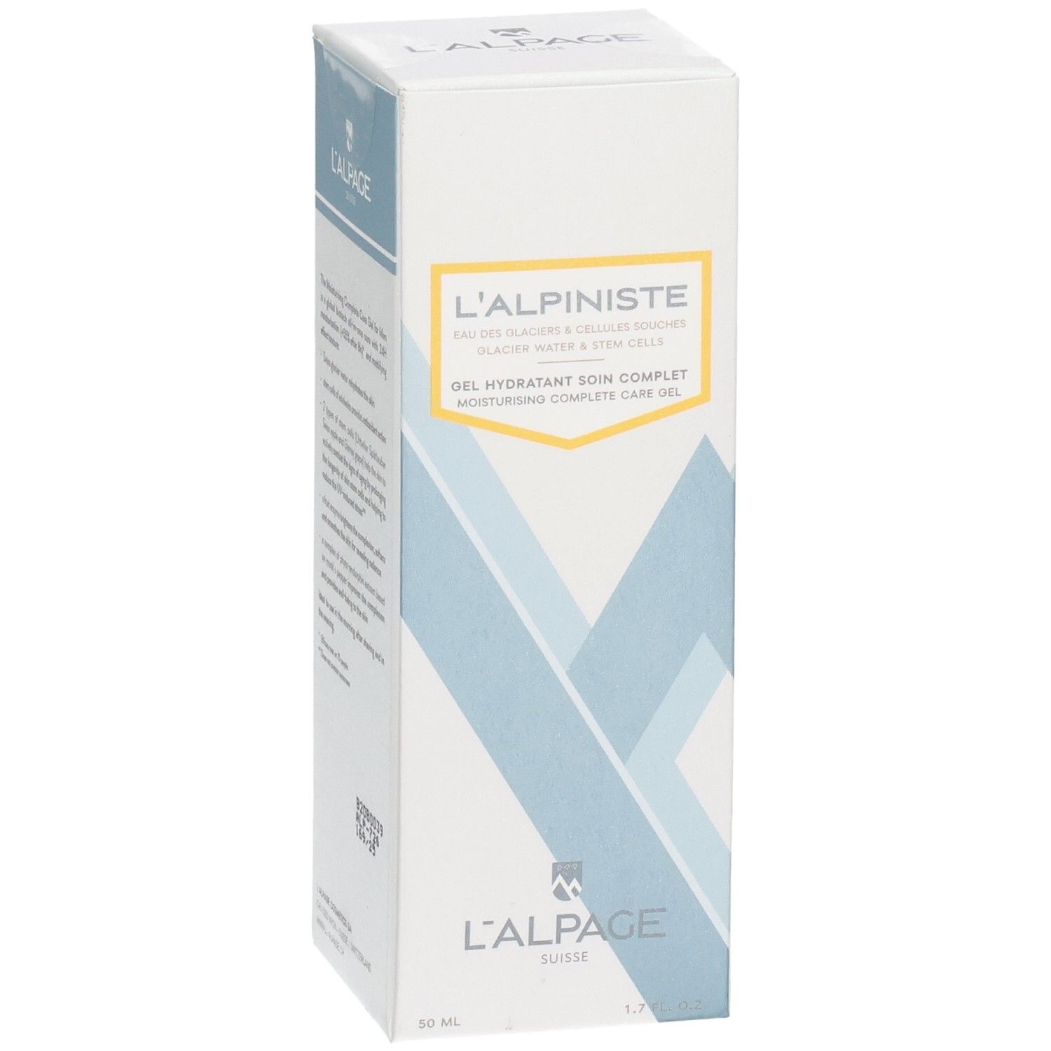 Weiße Schachtel mit Produktaufschrift L'ALPAGE L'alpiniste. Gel Hydratant Soin Complet. Blaue und gelbe Designelemente.