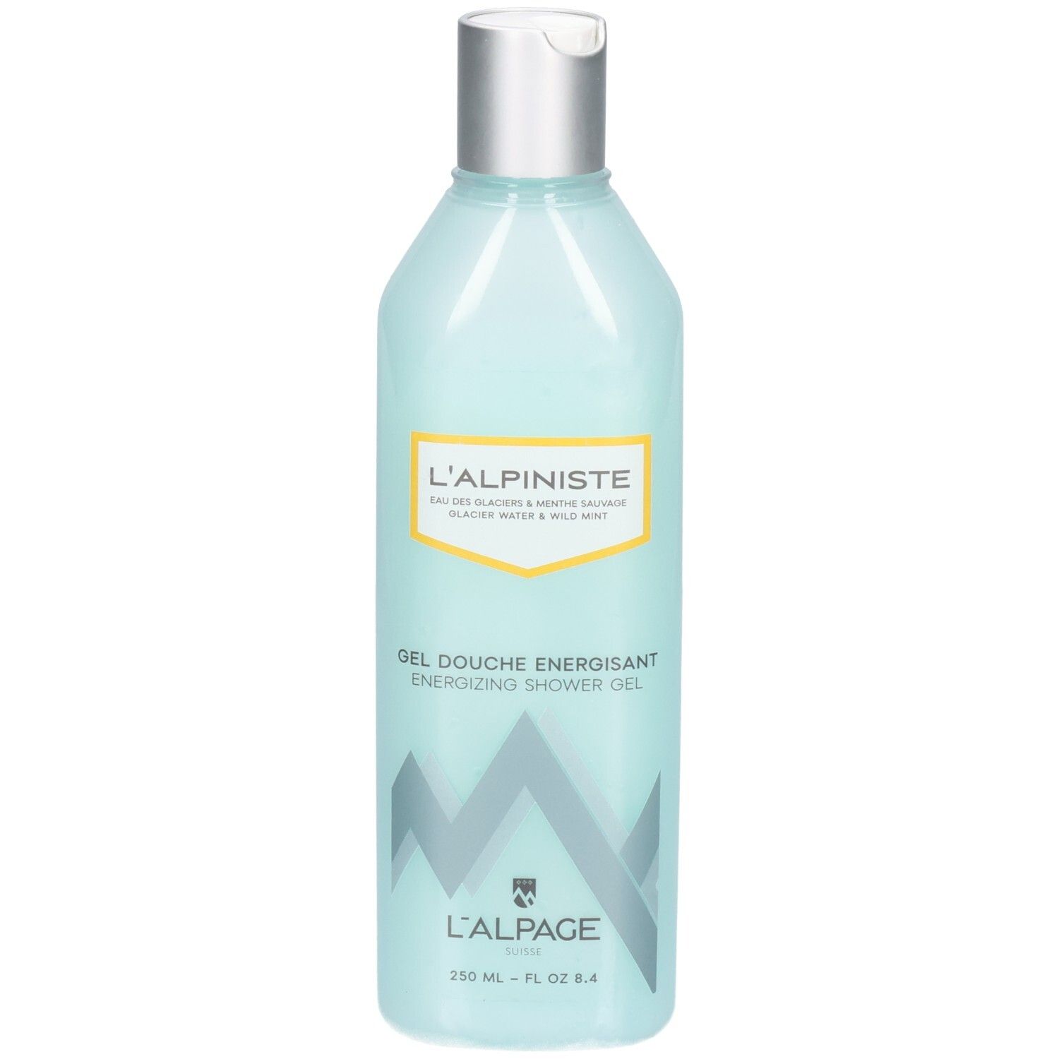 Hellblaues Duschgel in einer Flasche. Aufschrift: L'Alpiniste, Gel Douche Energisant, L'Alpage Suisse. Silberner Deckel.