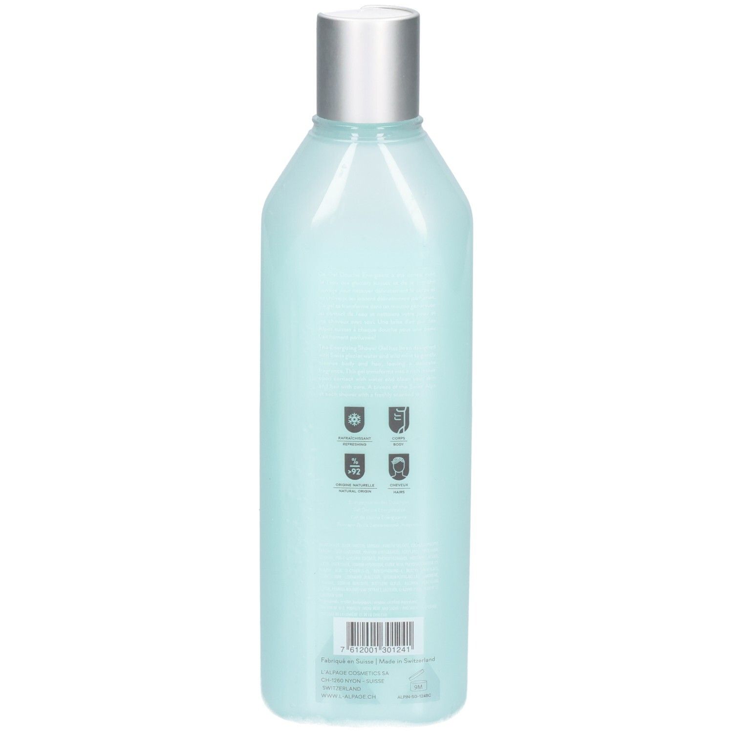 Rückseite einer hellblauen Duschgelflasche. Vier Symbole und ein Barcode sind sichtbar. Herstellerinformationen.