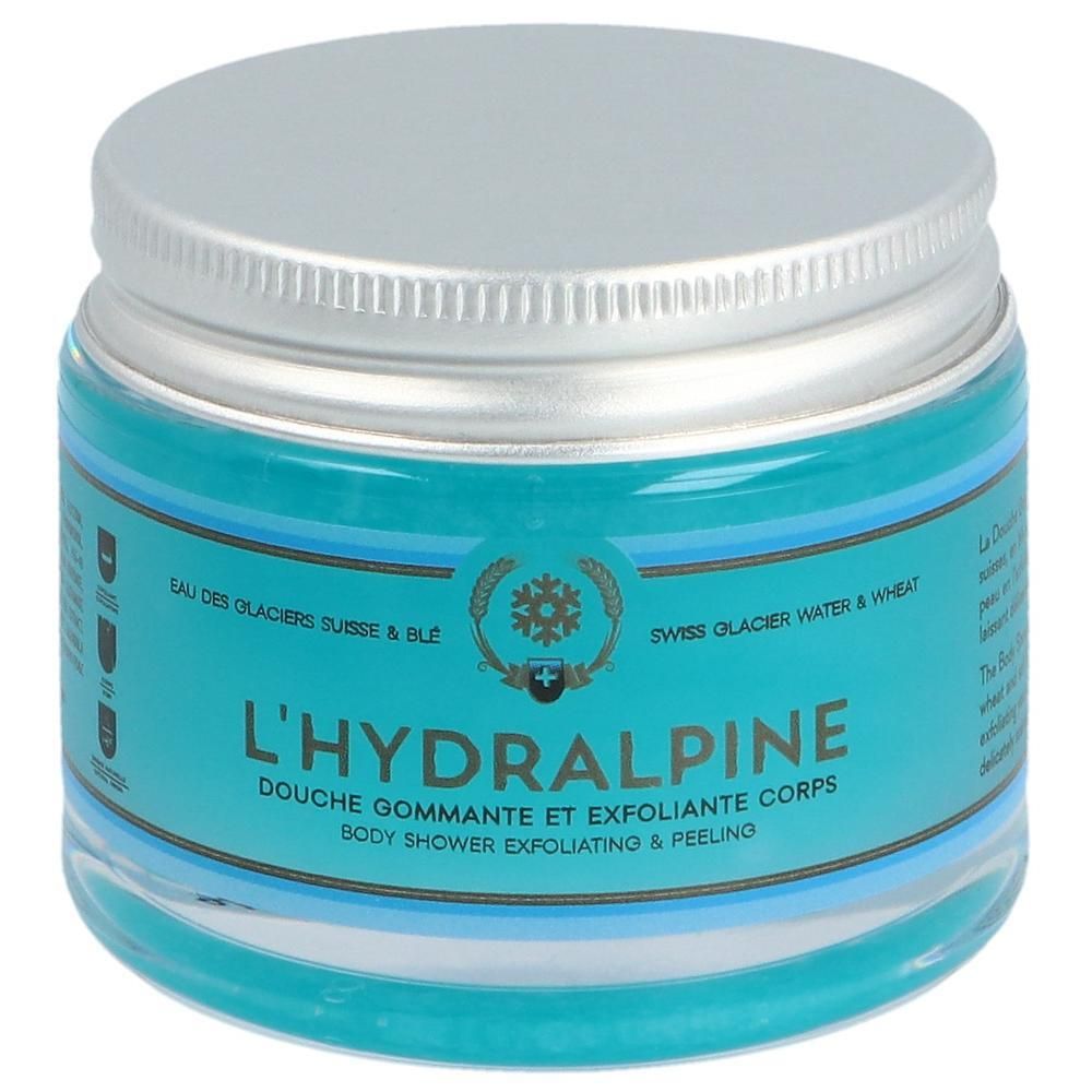 Pot avec contenu bleu et couvercle argenté. Inscription: L'Hydralpine, gommage douche.