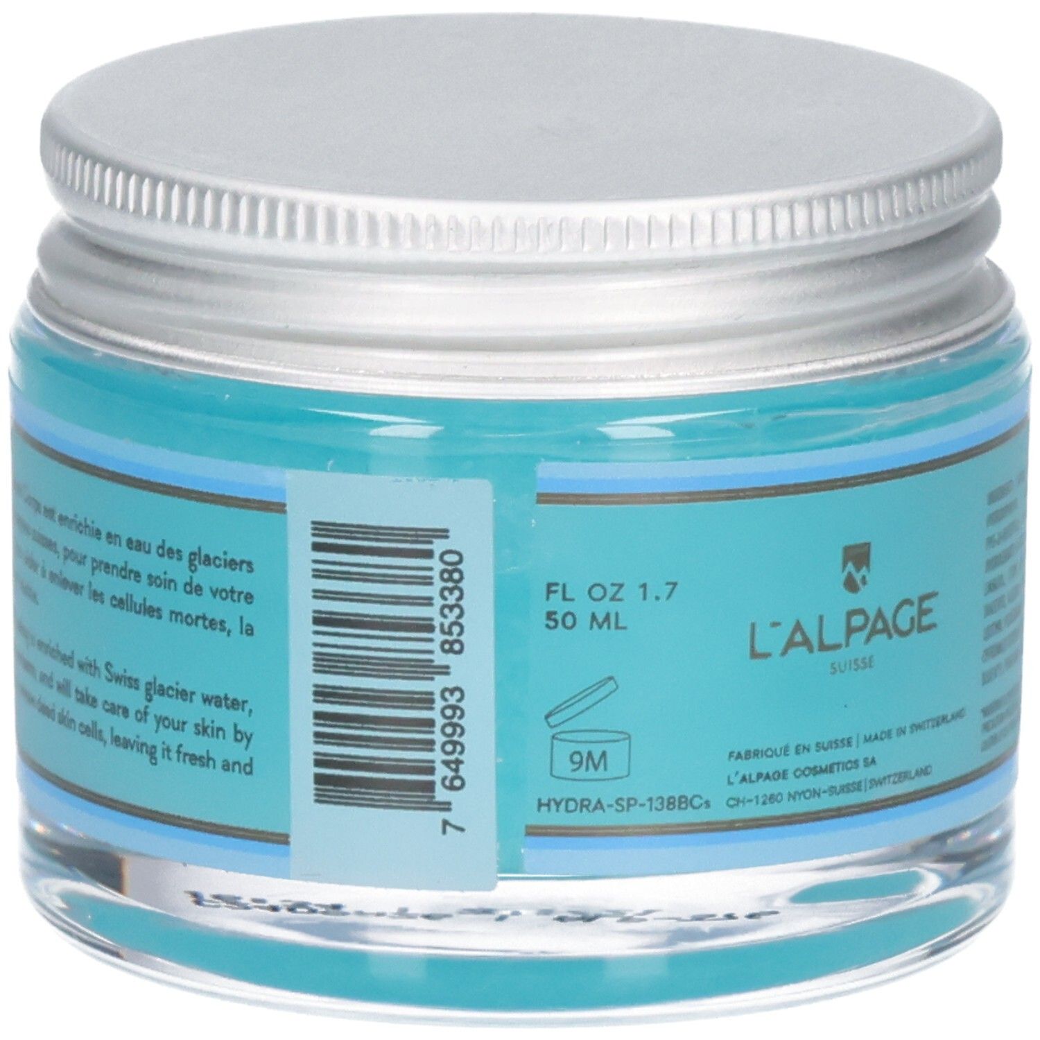 Pot avec contenu bleu et couvercle argenté. Inscription: L'Hydralpine, 50 ml.