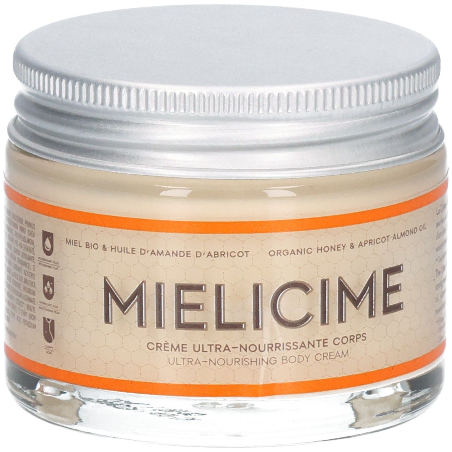 Pot en verre avec couvercle argenté. Étiquette avec nom MIELICIME et texte. Bord orange.