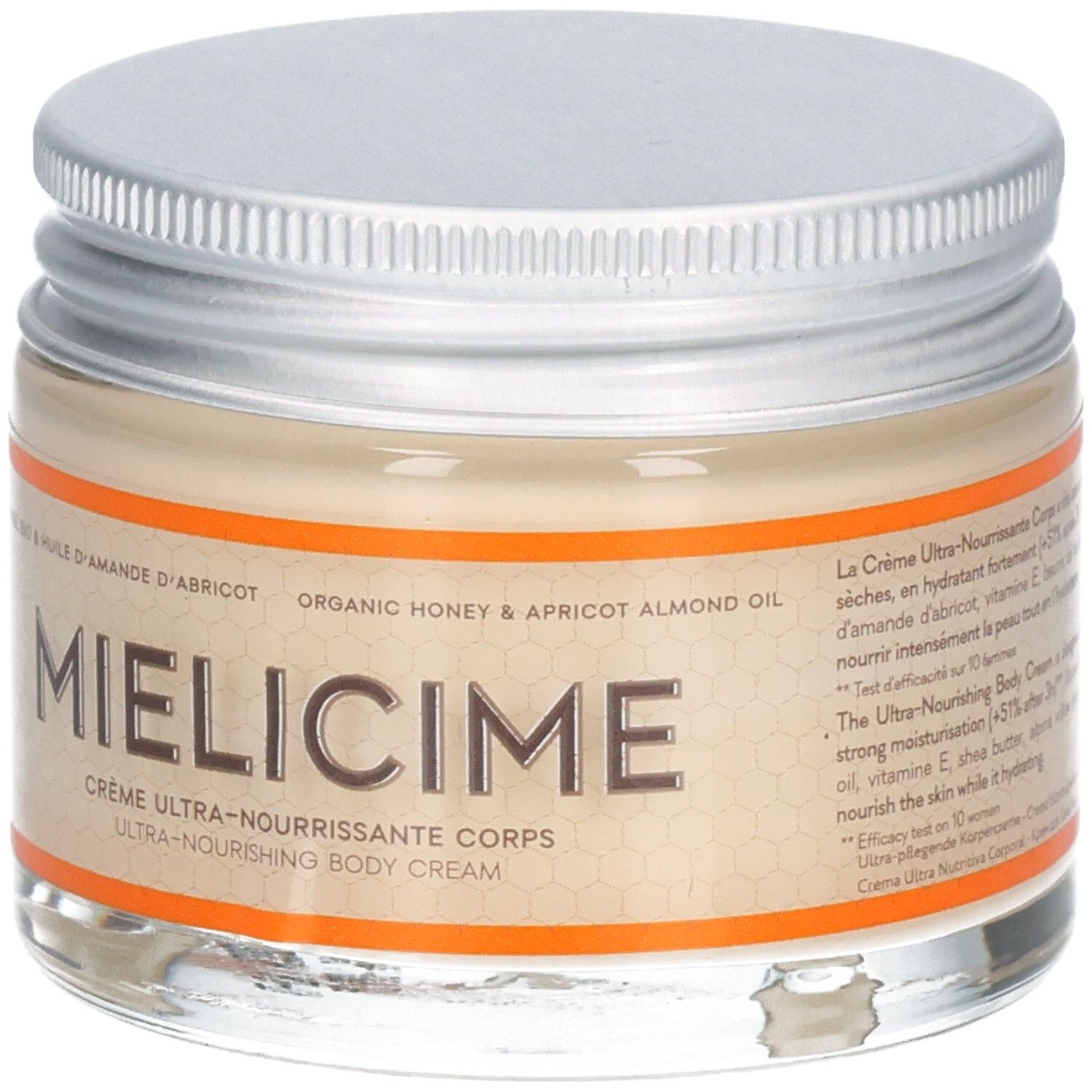 Pot en verre avec couvercle argenté. Étiquette avec nom MIELICIME et texte. Bord orange.