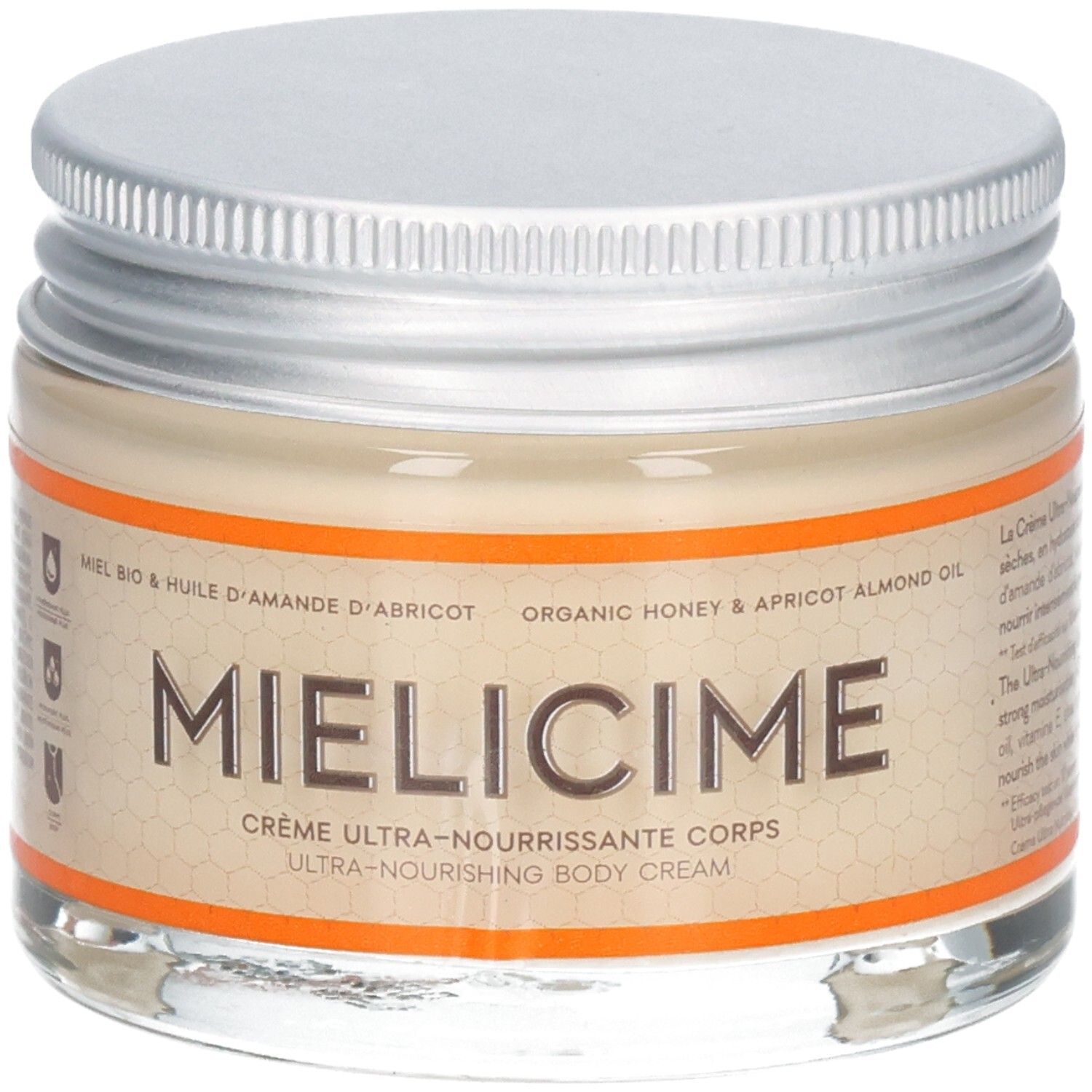 Pot en verre avec couvercle argenté. Étiquette avec nom MIELICIME et texte. Bord orange.