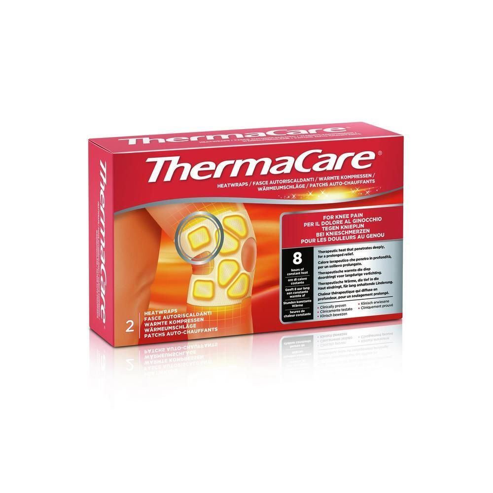 Rote Verpackung mit ThermaCare-Logo. Abbildung eines Knies mit Wärme-Pflastern. Text: Für Knieschmerzen, 8 Stück.