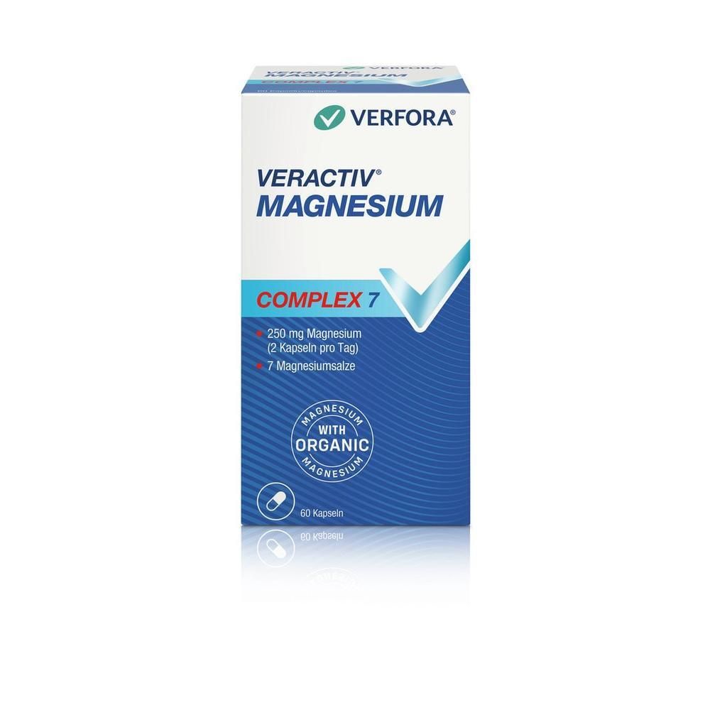 VERACTIV Magnesium Complex 7 Kapseln. Weiße Schachtel mit Produktinformationen. Enthält 60 Kapseln. Blaue und grüne Akzente.