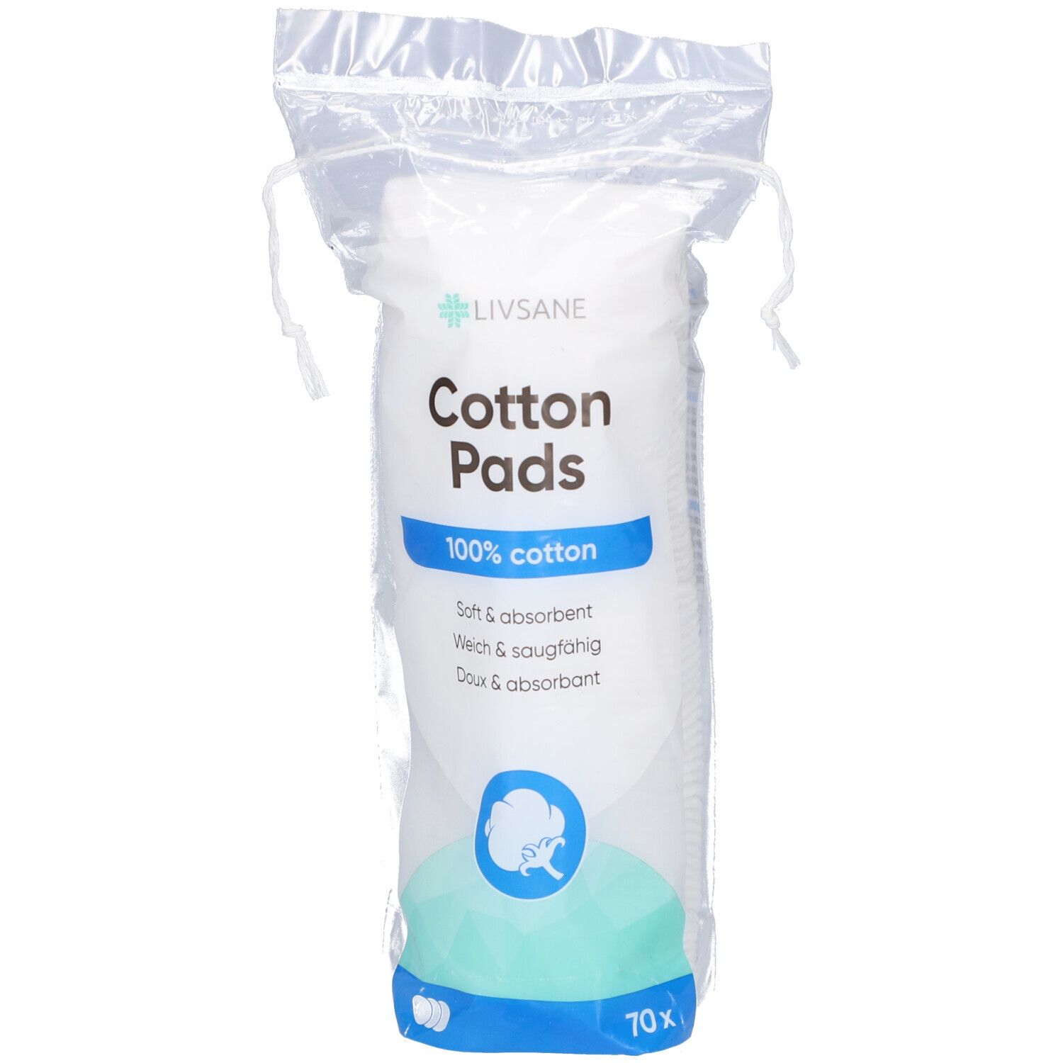 Verpackung mit Wattepads. Aufschrift: Livsane, Cotton Pads, 100% cotton, weich & saugfähig. 70 Stück.
