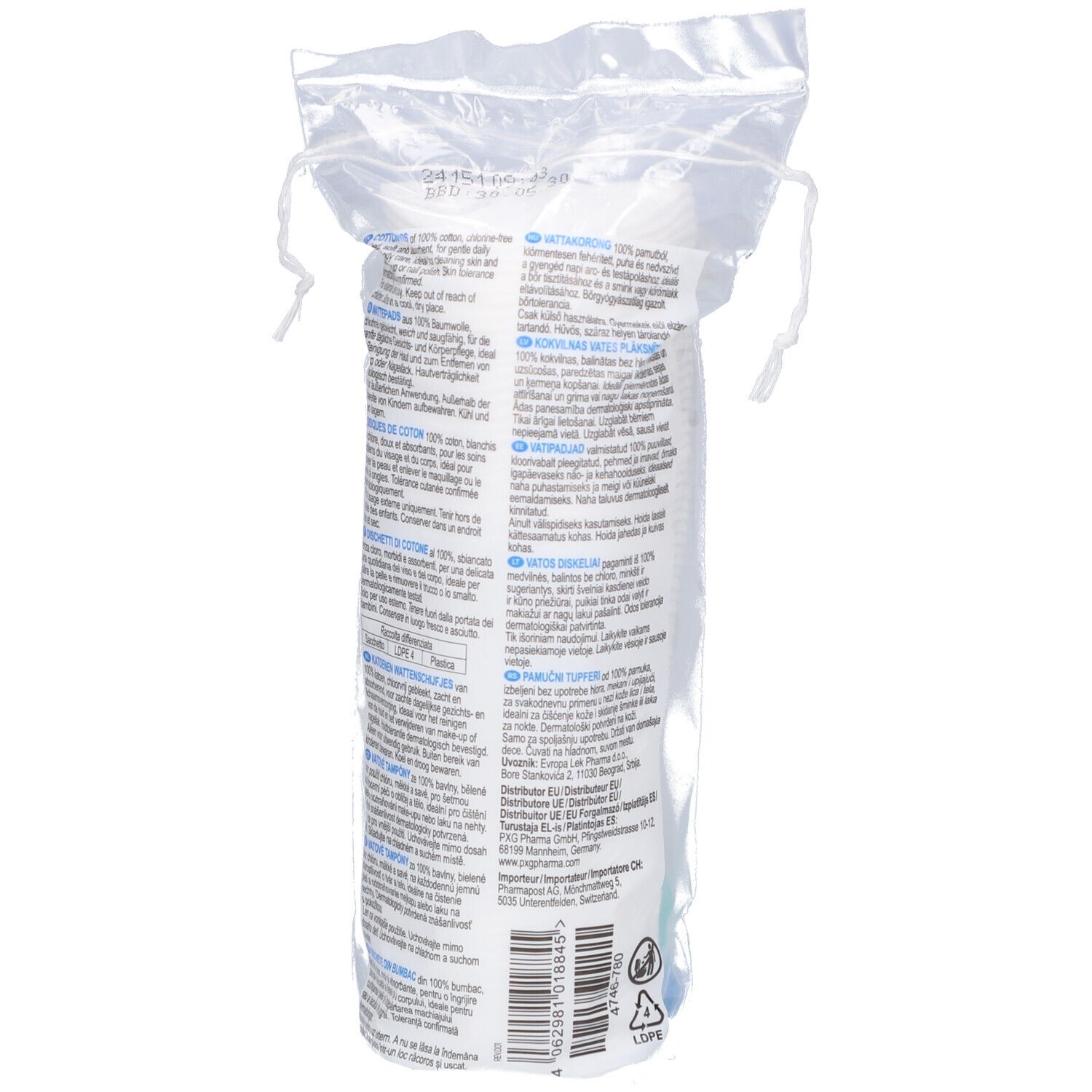 Rückseite der Wattepad-Verpackung. Text auf der Verpackung.