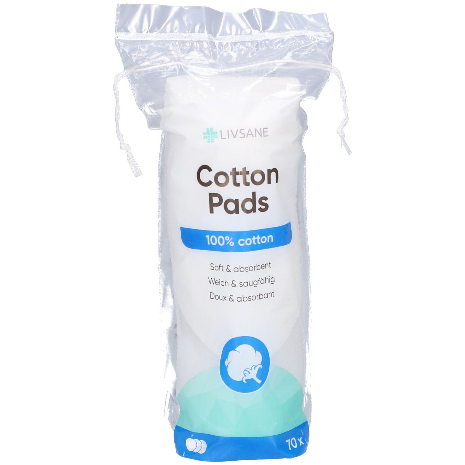 Verpackung mit Wattepads. Aufschrift: Livsane, Cotton Pads, 100% cotton, weich & saugfähig. 70 Stück.