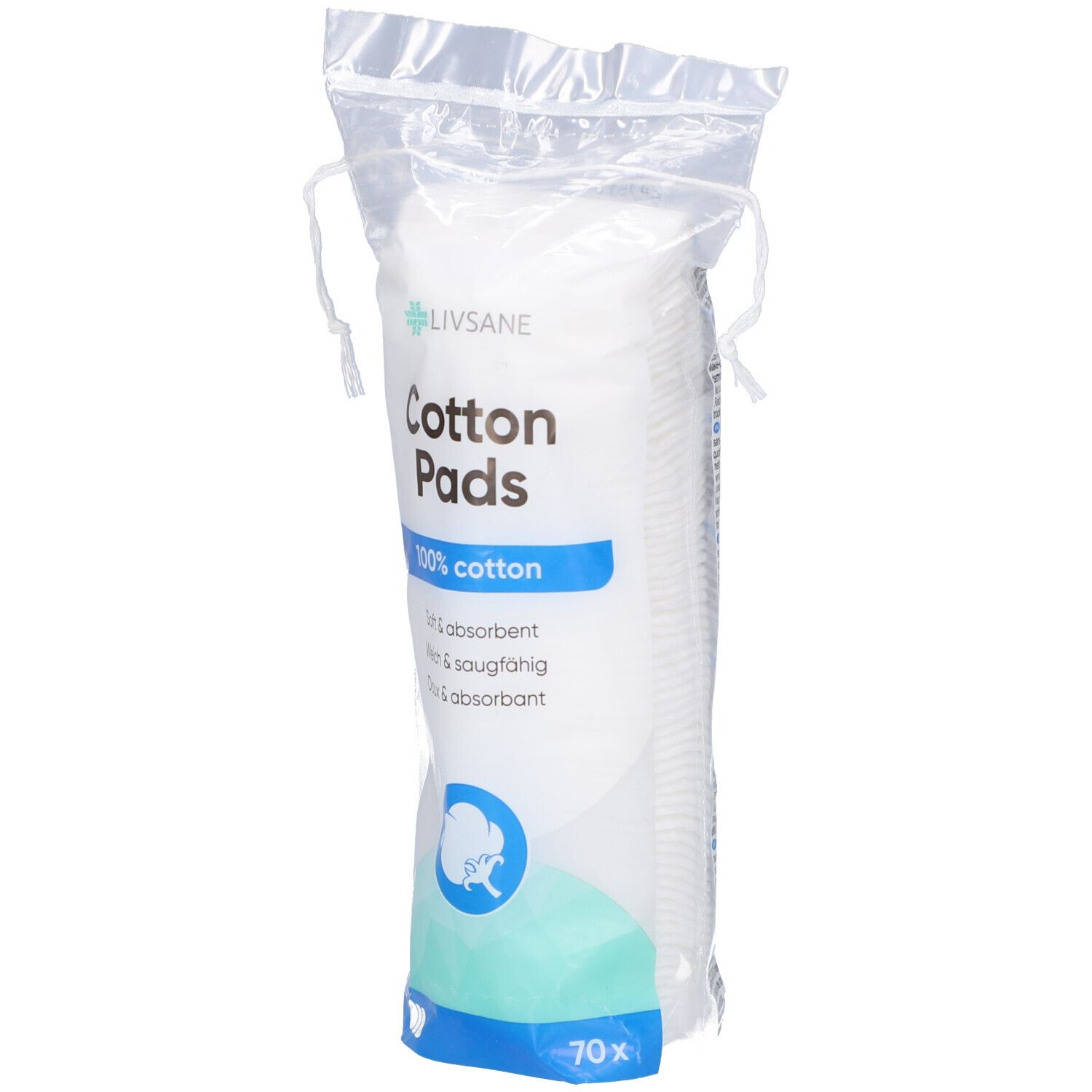 Verpackung mit Wattepads. Aufschrift: Livsane, Cotton Pads, 100% cotton, weich & saugfähig. 70 Stück.