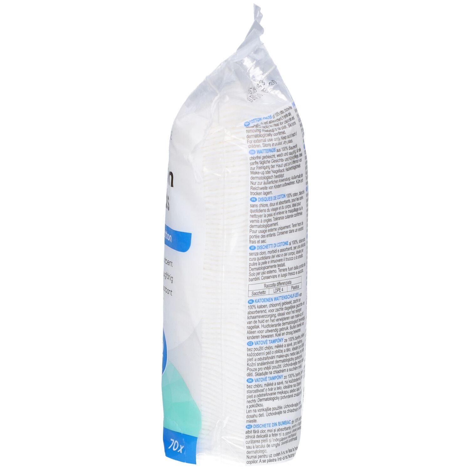 Seitenansicht der Wattepad-Verpackung. Text auf der Verpackung.