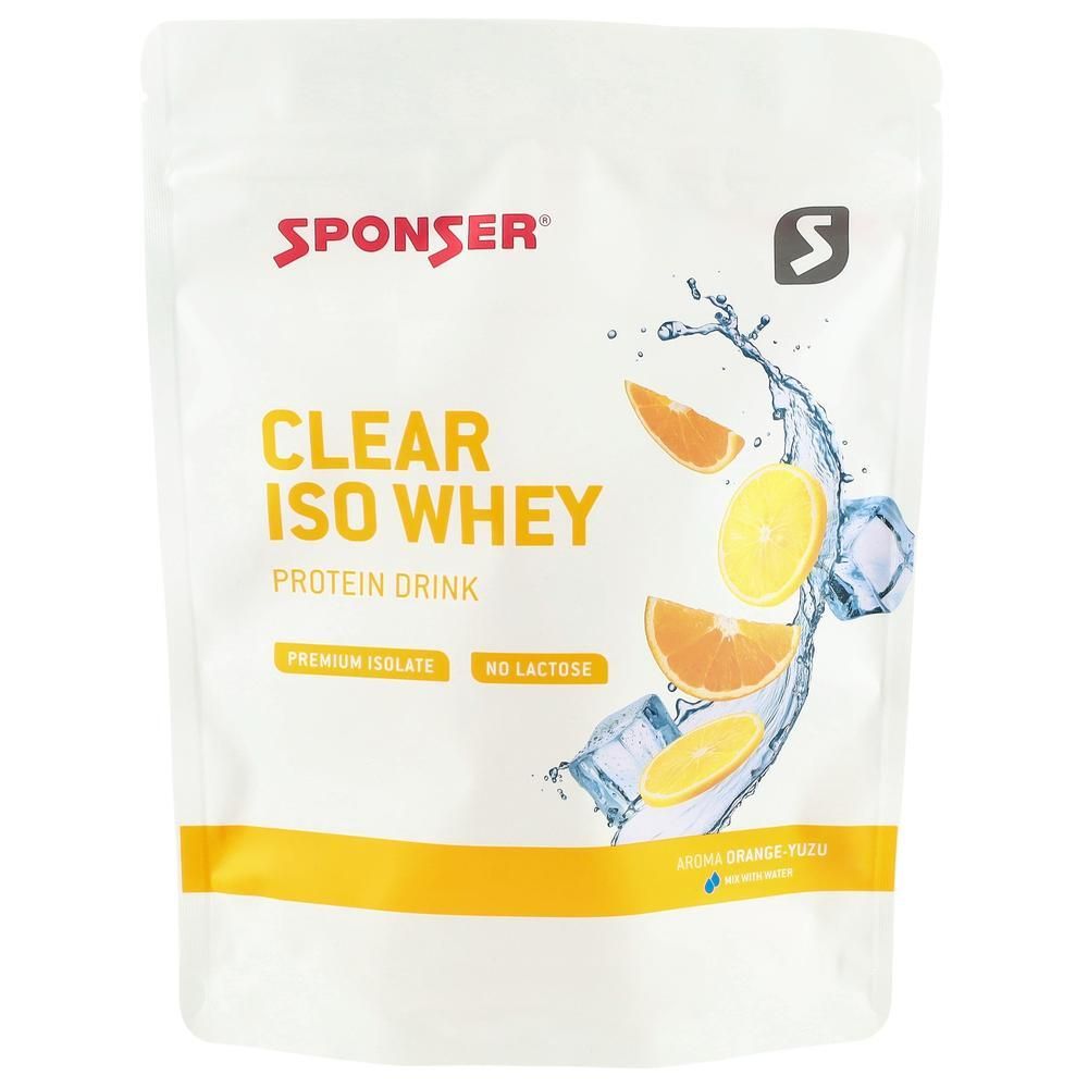 Sachet de SPONSER Clear Iso Whey. Inscription du nom du produit, illustration de fruits et glaçons. Arôme Orange Yuzu.