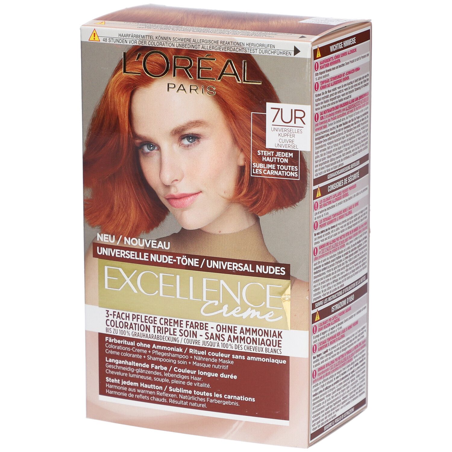 Boîte de coloration capillaire L'Oréal Paris Excellence Crème 7UC Cuivre. Sans ammoniaque, nuances universelles.