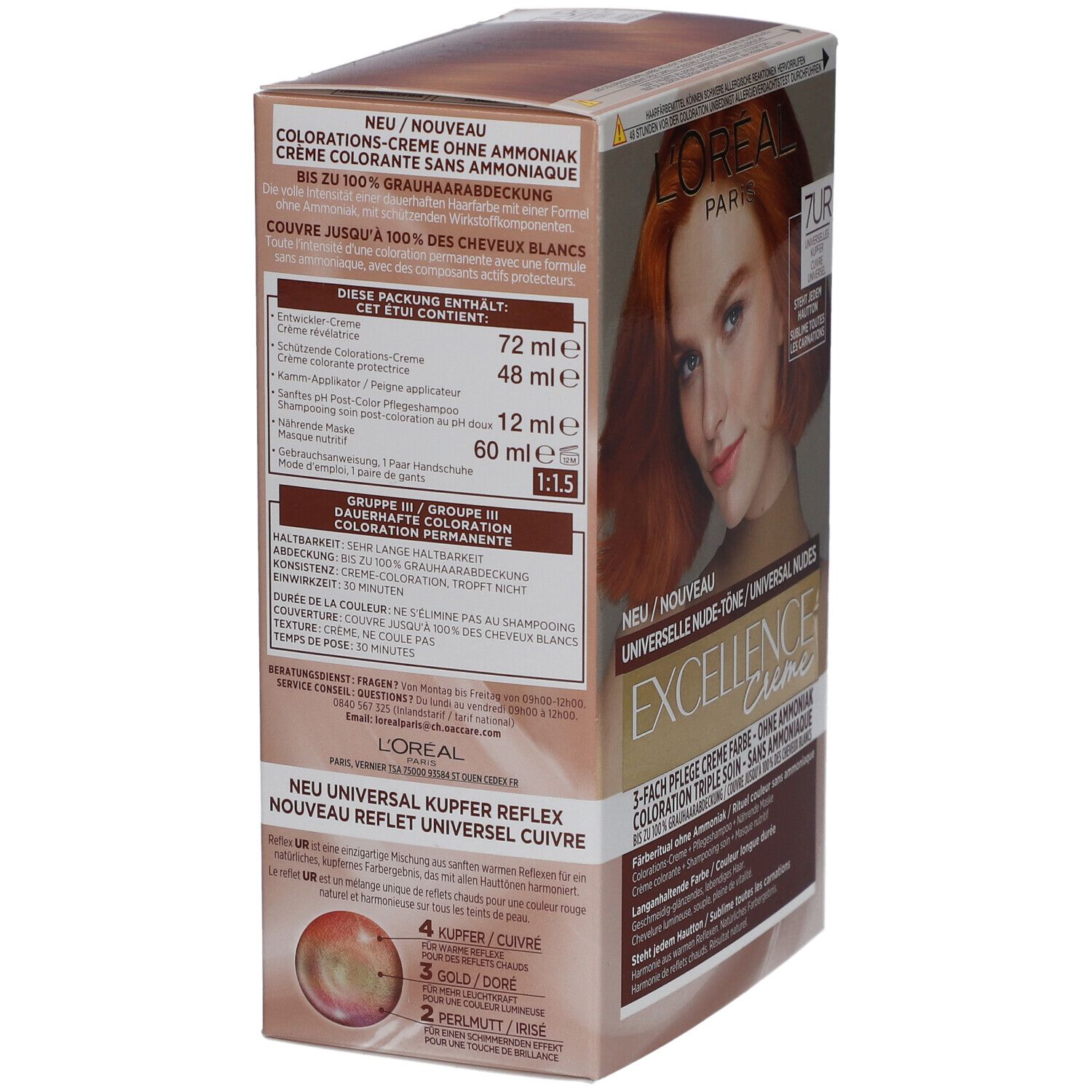 Dos de la boîte de coloration capillaire L'Oréal Paris Excellence Crème. Contient: crème colorante, applicateur, etc. 72 ml.