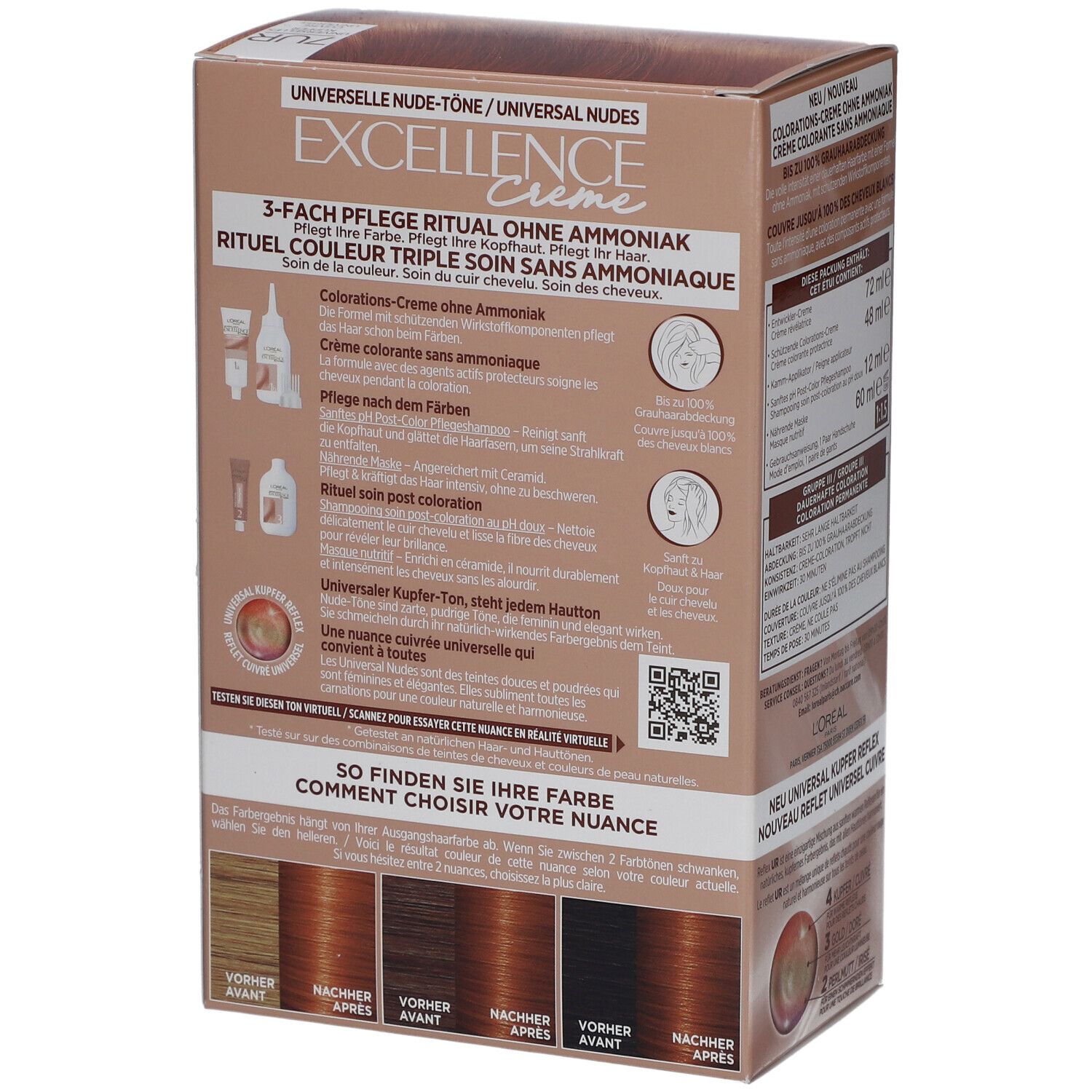 Dos de la boîte de coloration capillaire L'Oréal Paris Excellence Crème. Illustrations de produits et exemples de couleurs.