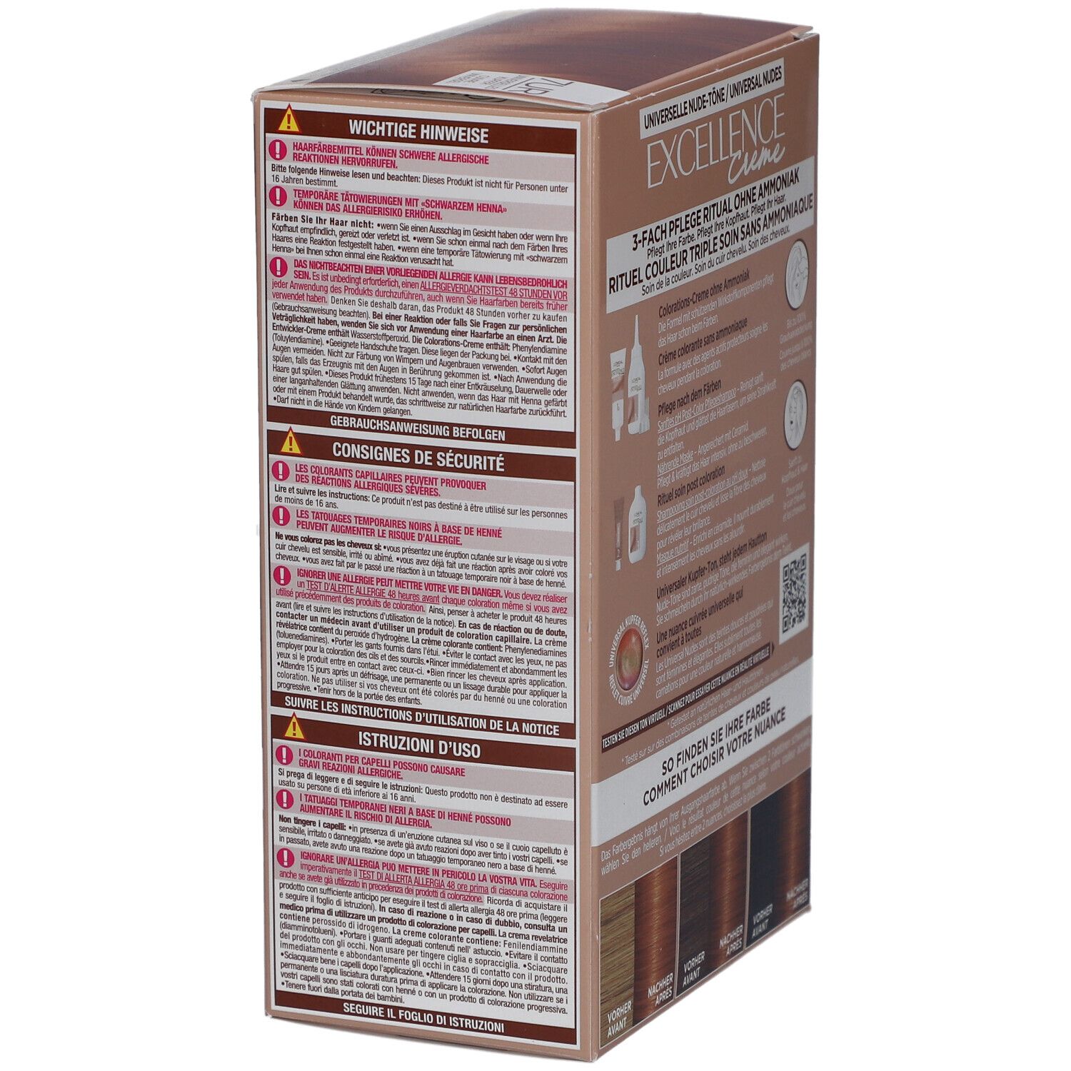 Dos de la boîte de coloration capillaire L'Oréal Paris Excellence Crème. Consignes de sécurité et mode d'emploi.