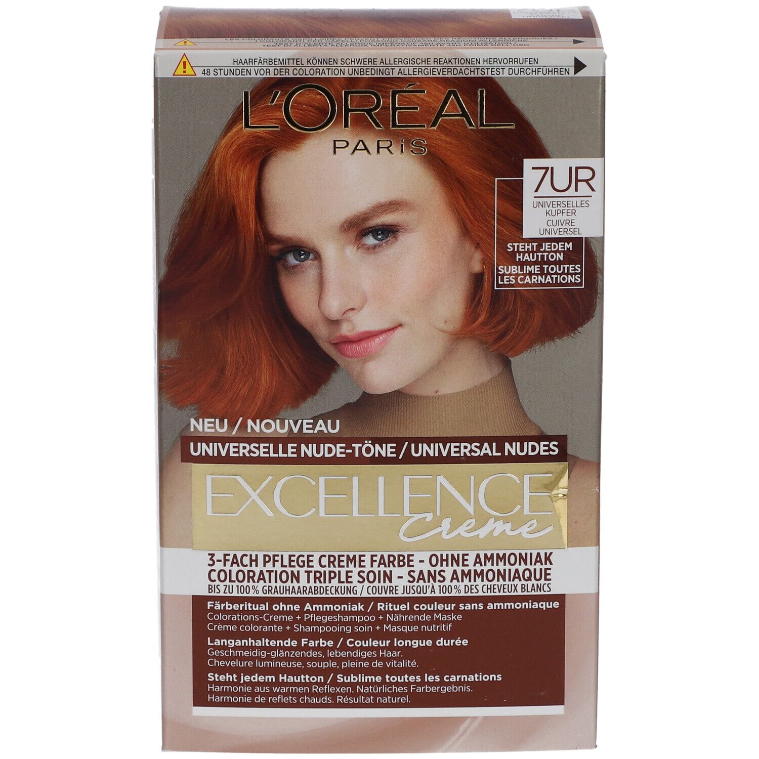 Boîte de coloration capillaire L'Oréal Paris Excellence Crème 7UC Cuivre. Sans ammoniaque, nuances universelles.