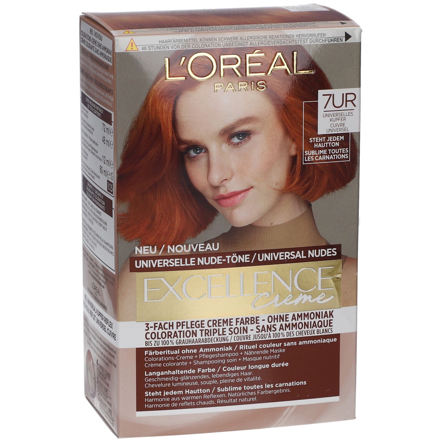 Boîte de coloration capillaire L'Oréal Paris Excellence Crème 7UC Cuivre. Sans ammoniaque, nuances universelles.