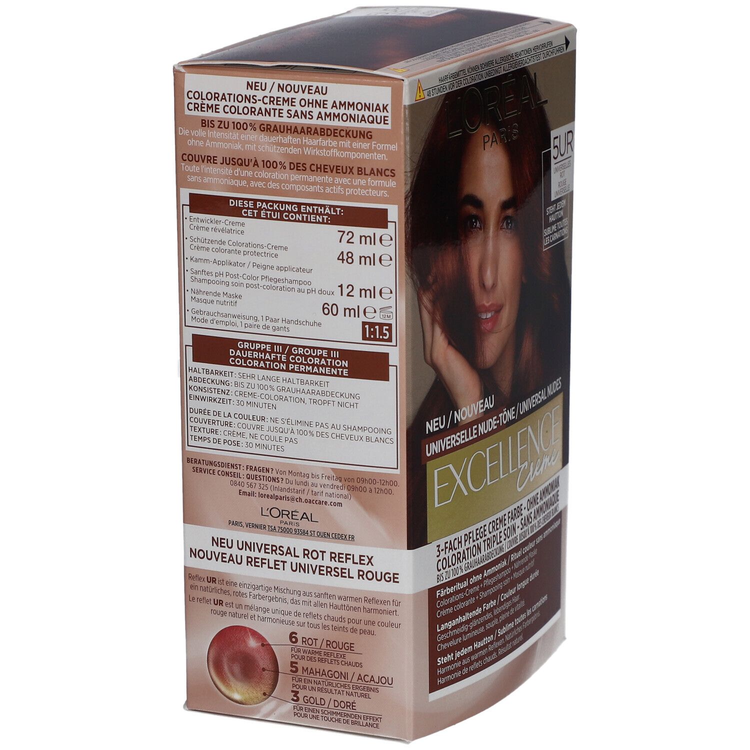 Dos de la boîte de coloration capillaire L'Oréal Paris Excellence Crème. Contient informations sur les ingrédients et l'utilisation.