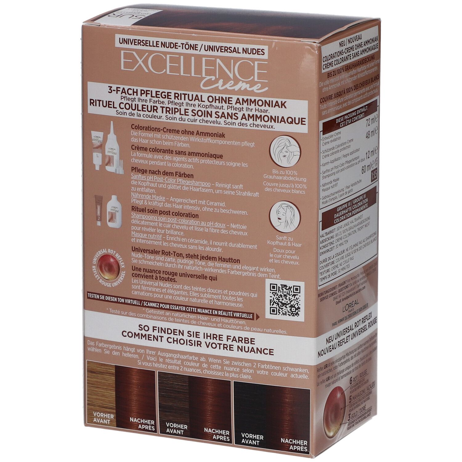 Dos de la boîte de coloration capillaire L'Oréal Paris Excellence Crème. Contient instructions et exemples de couleurs.