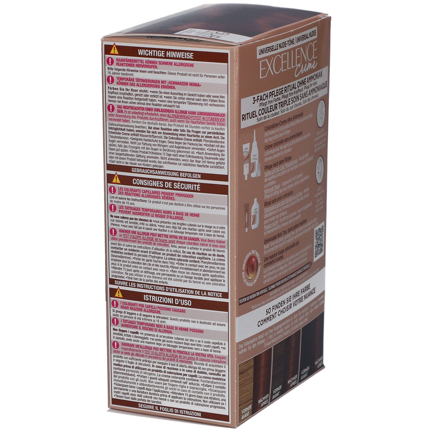 Dos de la boîte de coloration capillaire L'Oréal Paris Excellence Crème. Contient consignes de sécurité et instructions.