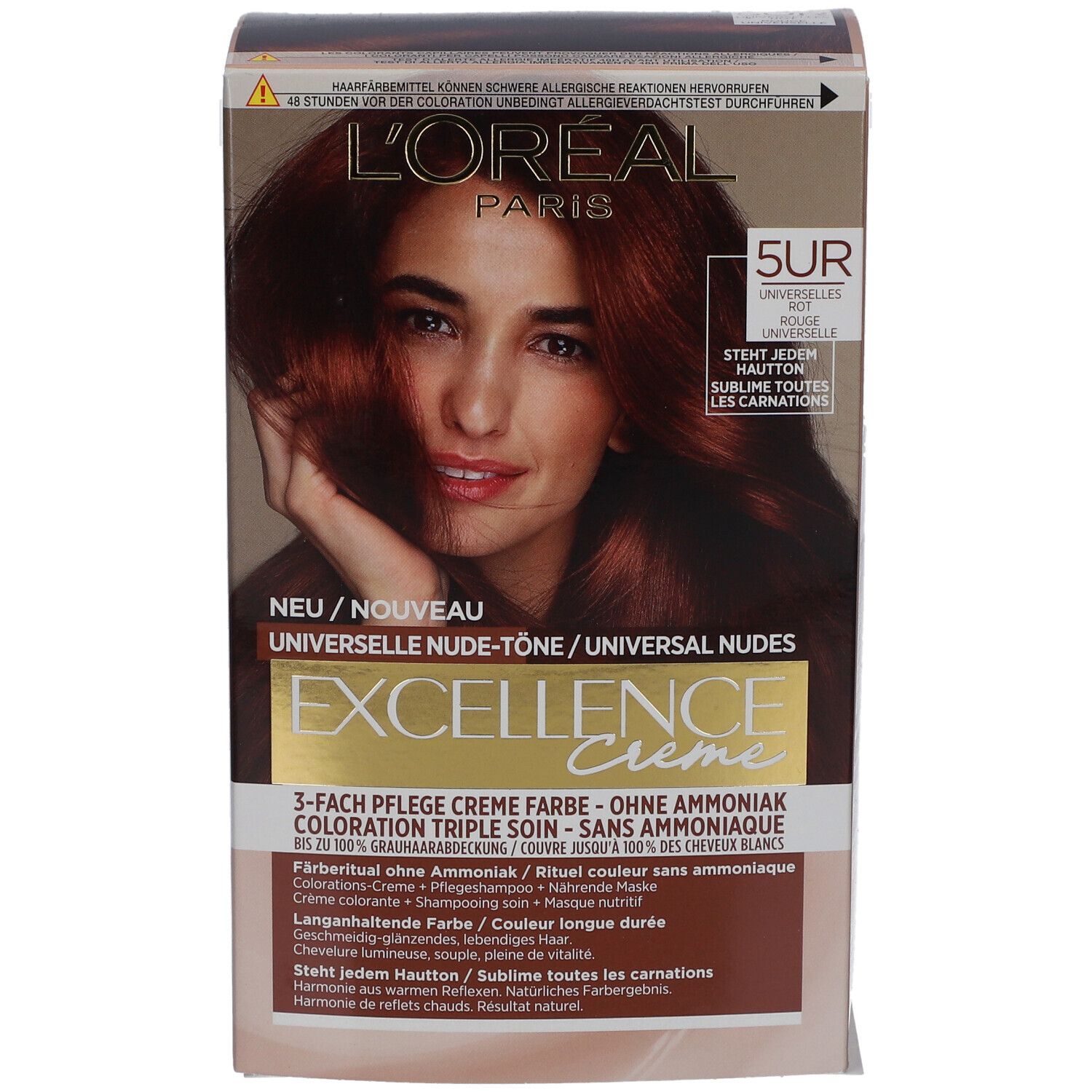 Boîte de coloration capillaire L'Oréal Paris Excellence Crème 5UR. Contient crème, instructions et photo modèle.