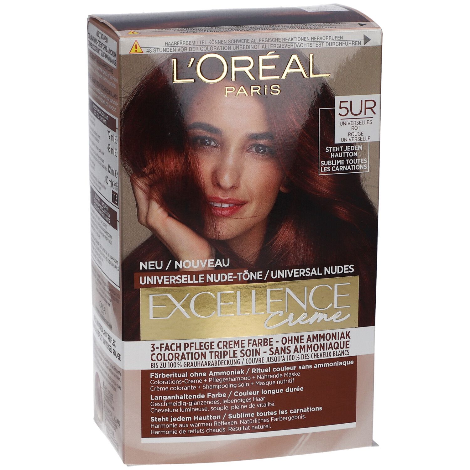 Boîte de coloration capillaire L'Oréal Paris Excellence Crème 5UR. Contient crème, instructions et photo modèle.