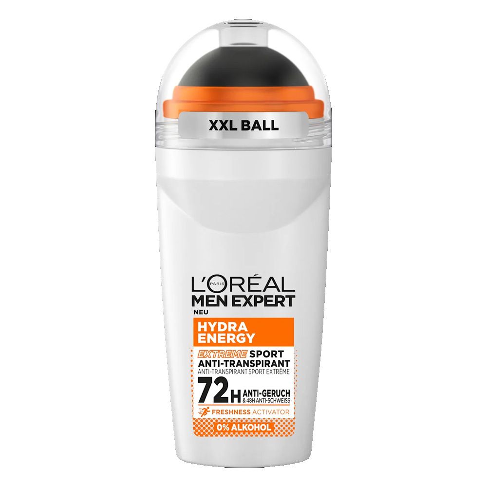 Déodorant roll-on blanc avec bille noire et accents orange. Texte: L'Oréal Men Expert, Hydra Energy, 72H Anti-odeur, 0% alcool.