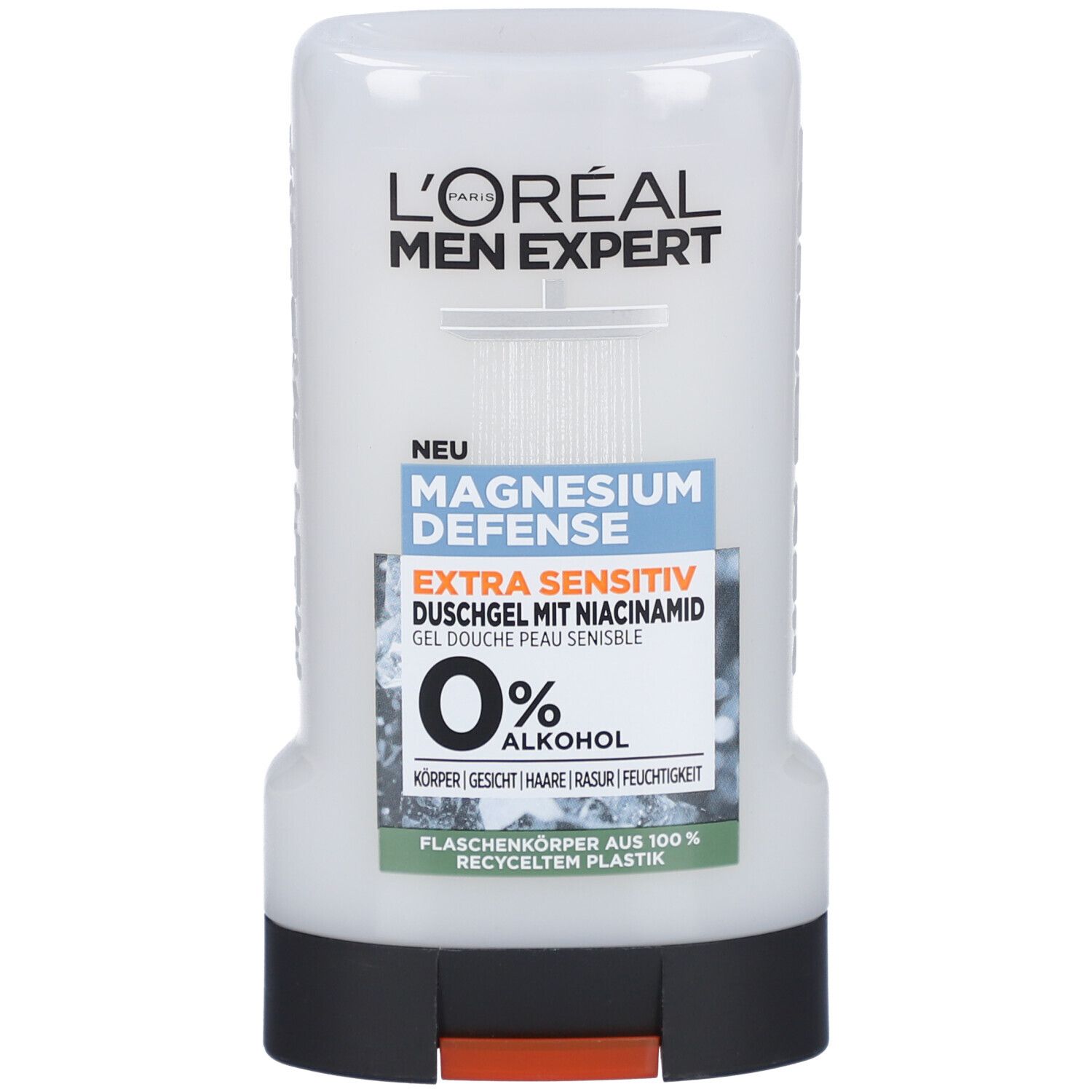 Gel douche L'Oréal Men Expert. Flacon blanc avec texte bleu. Contient de la niacinamide. 0% alcool. Pour peaux sensibles.