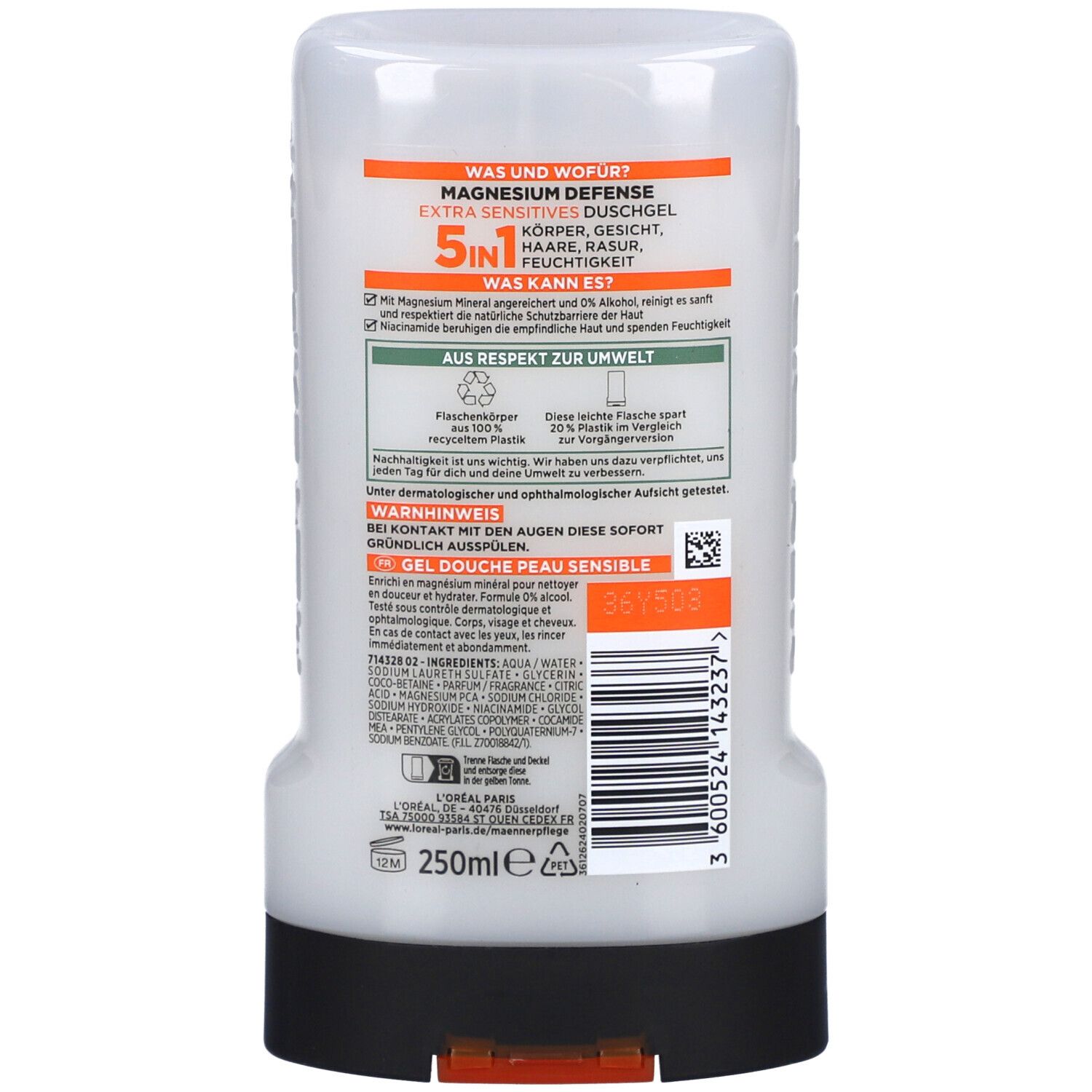 Dos du flacon de gel douche. Contient des informations sur les ingrédients, l'utilisation et le fabricant. 250ml.