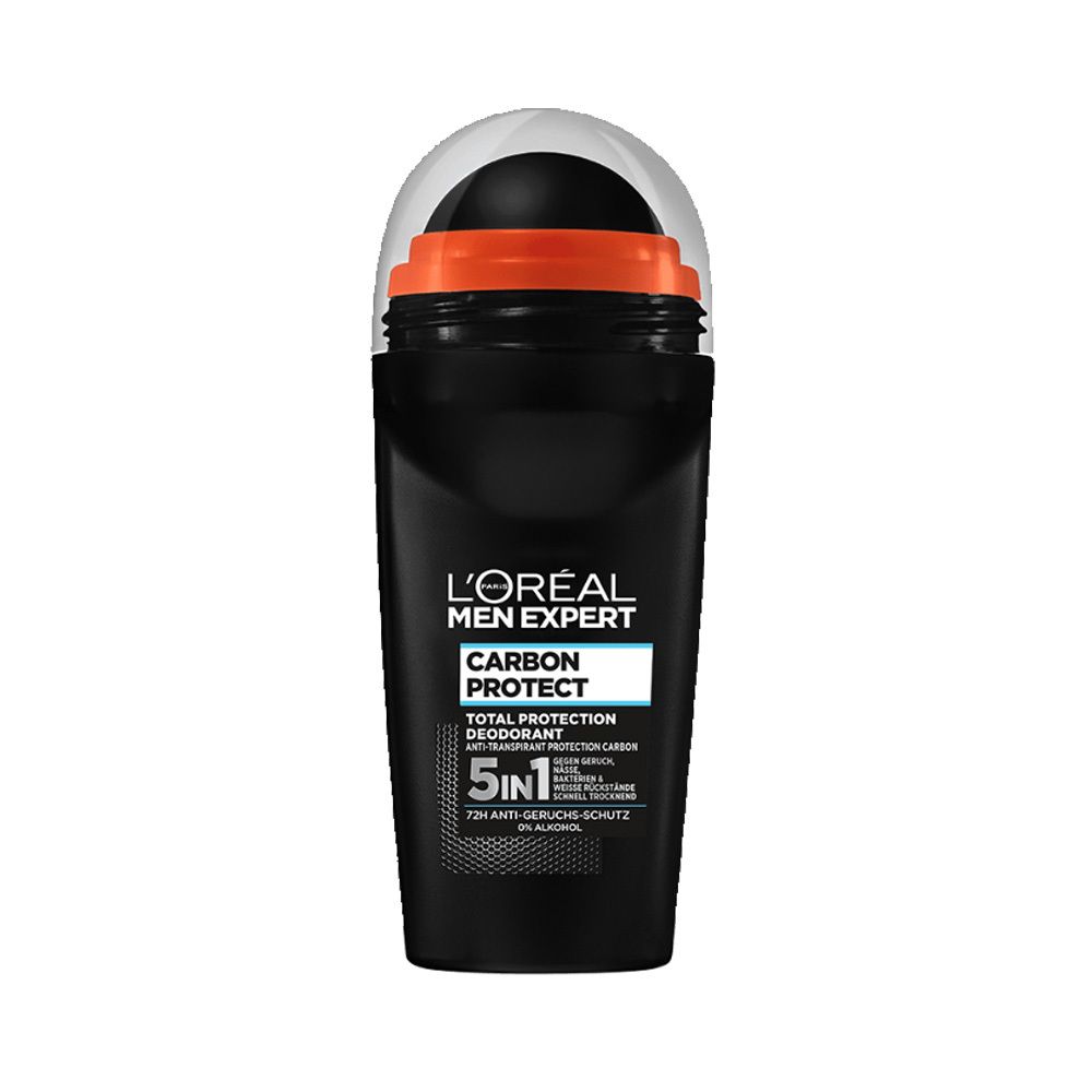 Roll-on noir avec accent orange. L'Oréal Men Expert Carbon Protect. Texte: 5 en 1, 72h anti-odeurs.